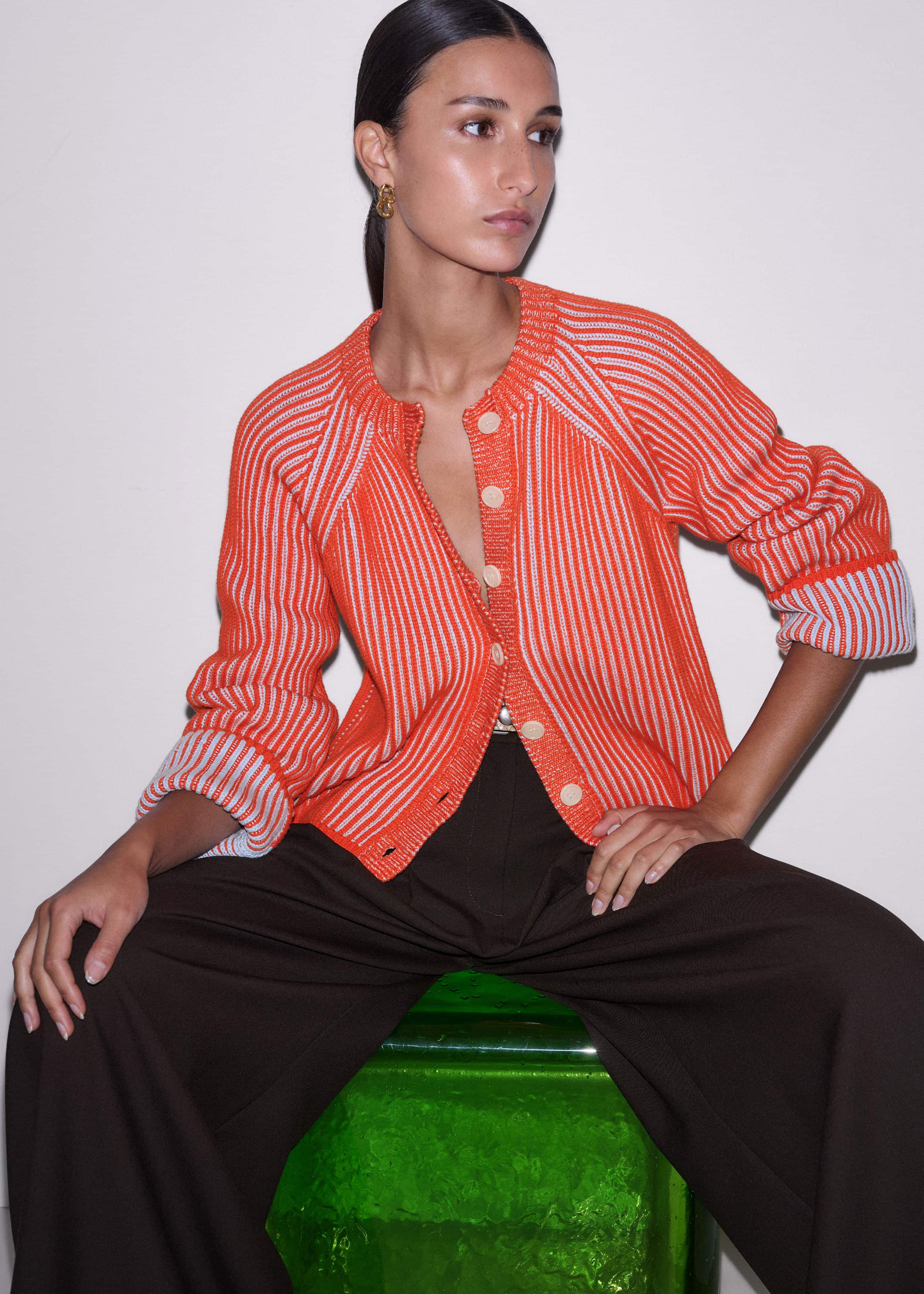 Orange Contrast Rib Straight Cardigan meandem