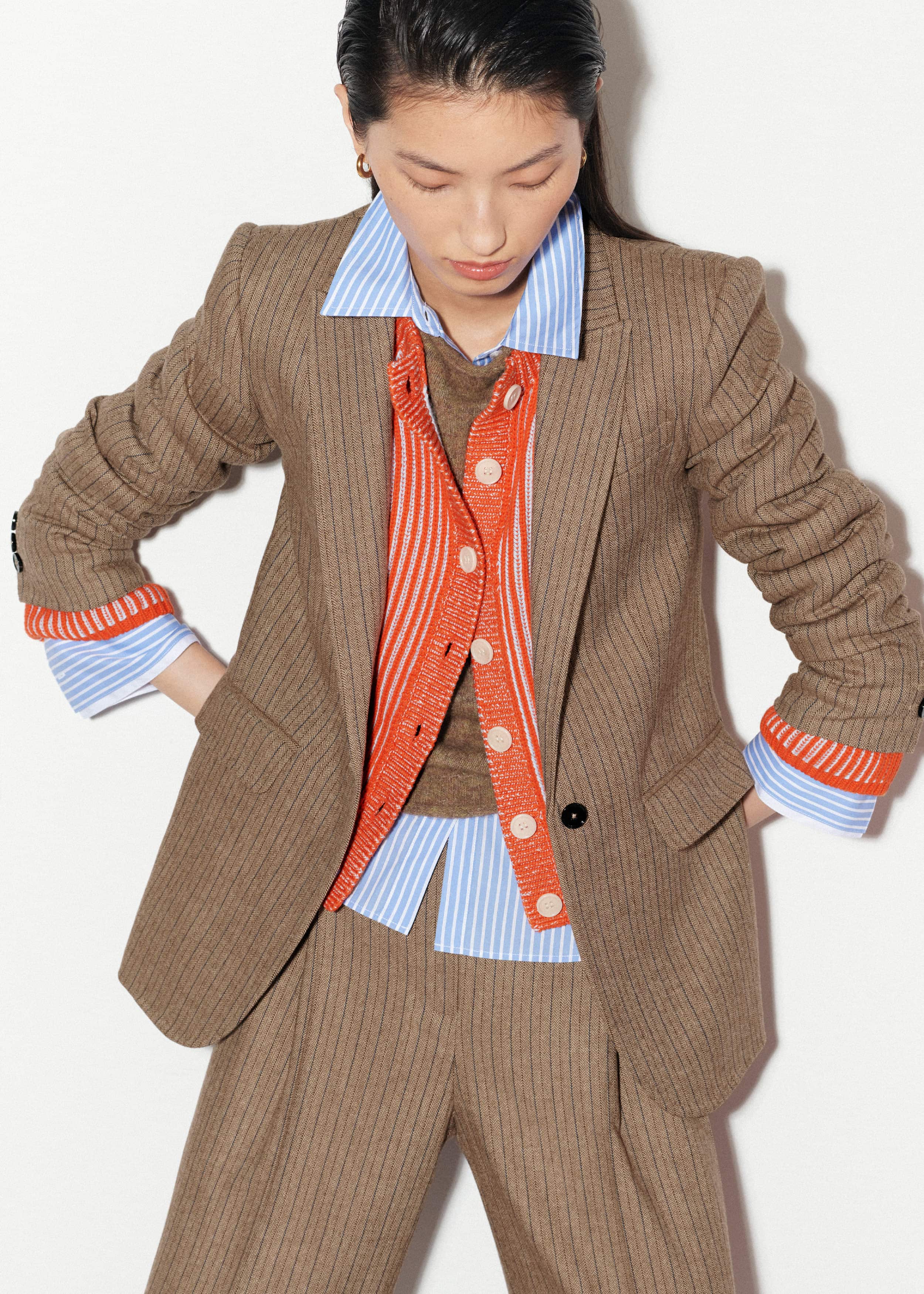 Orange Contrast Rib Straight Cardigan meandem