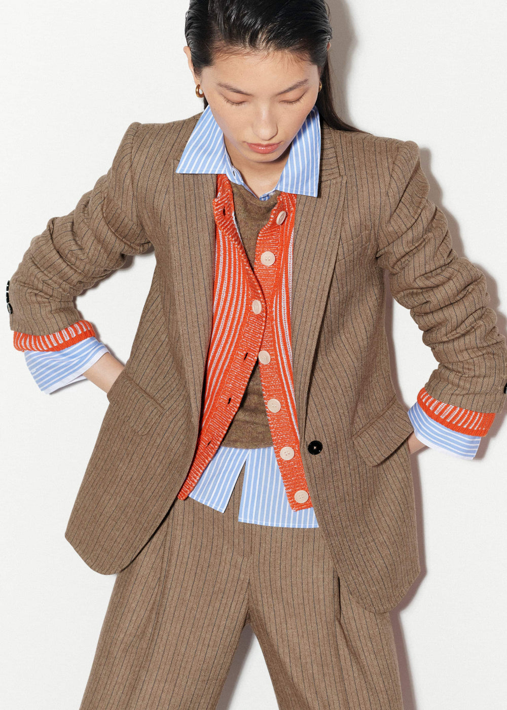 Orange Contrast Rib Straight Cardigan meandem