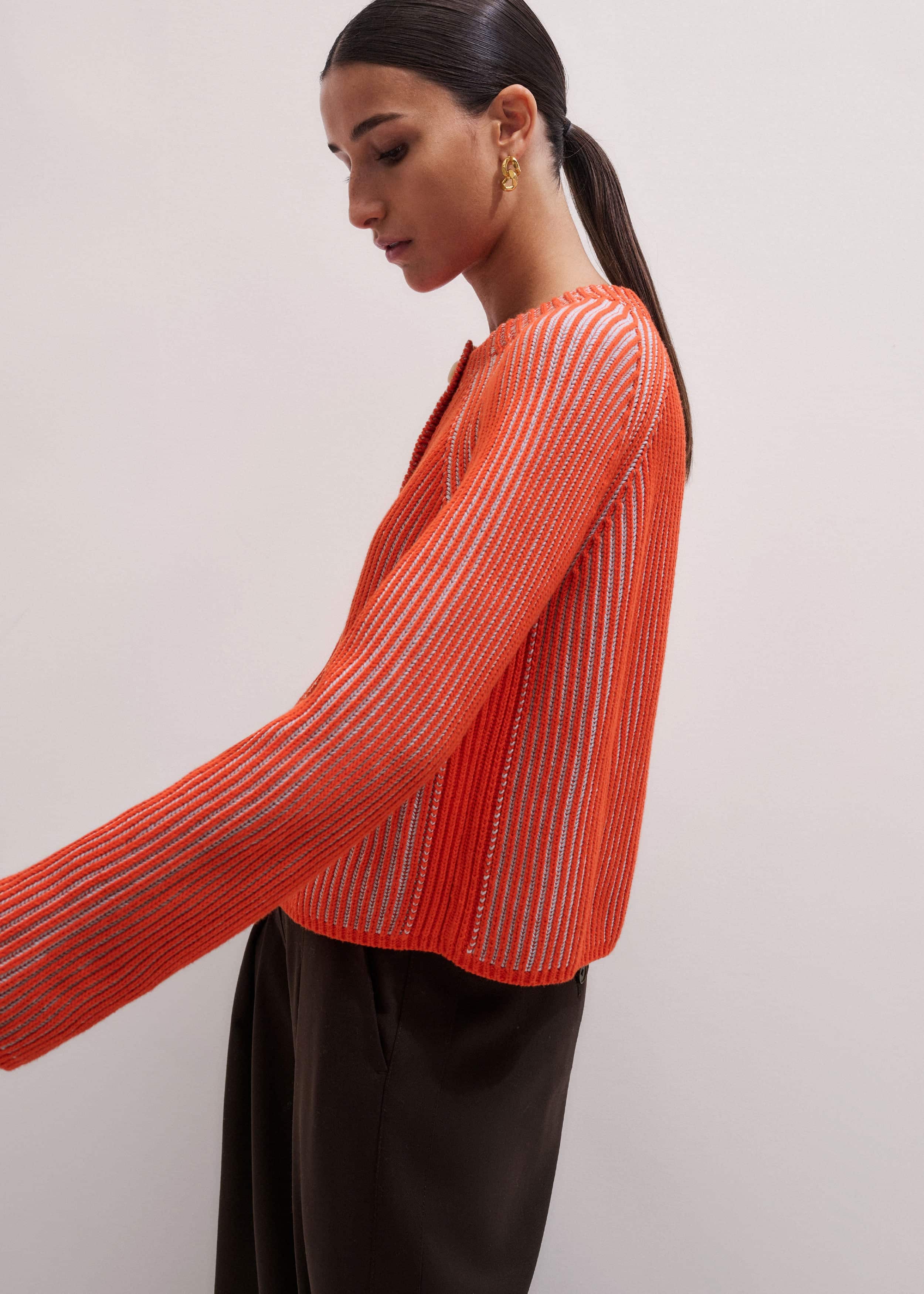 Orange Contrast Rib Straight Cardigan meandem