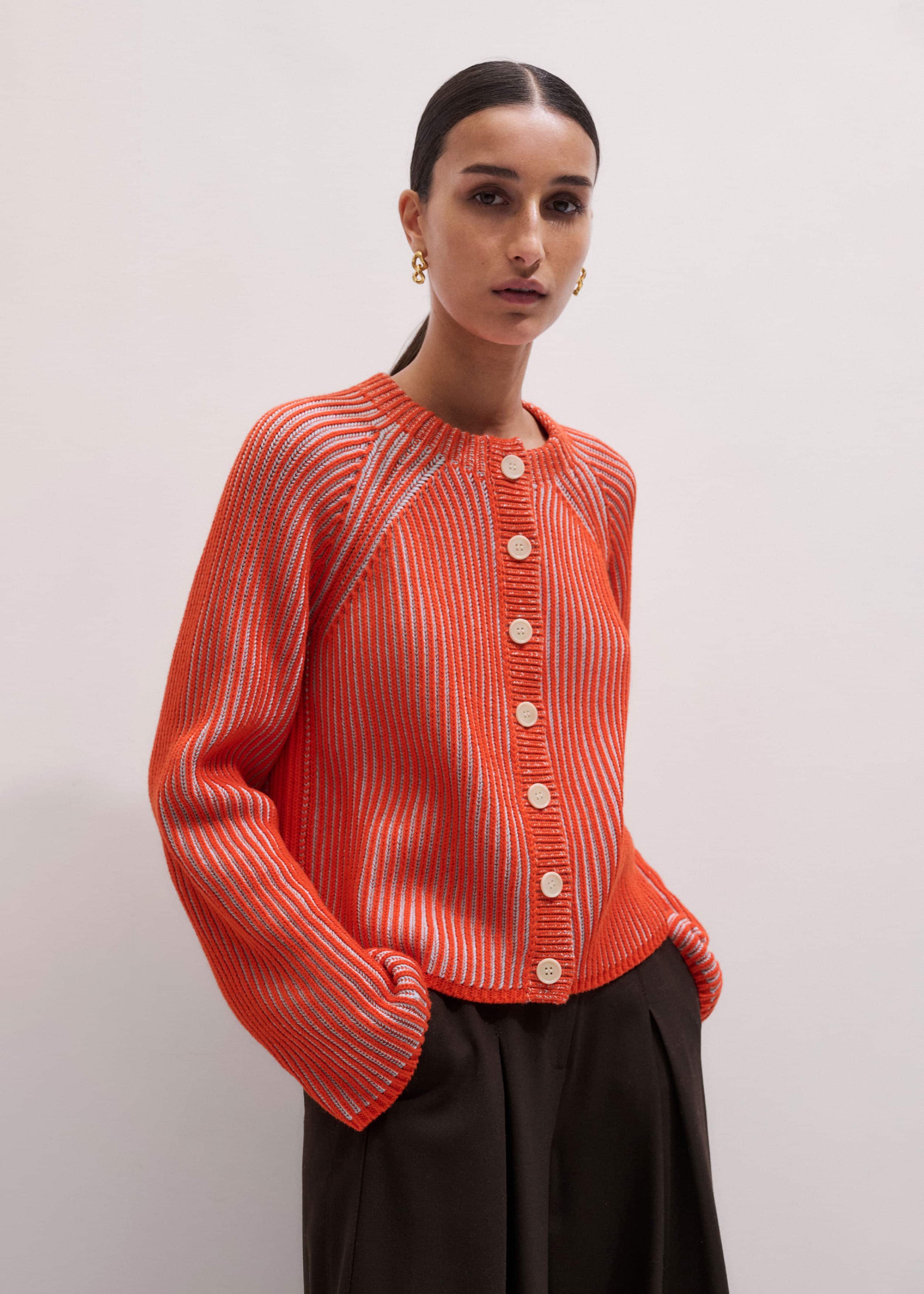 Orange Contrast Rib Straight Cardigan meandem