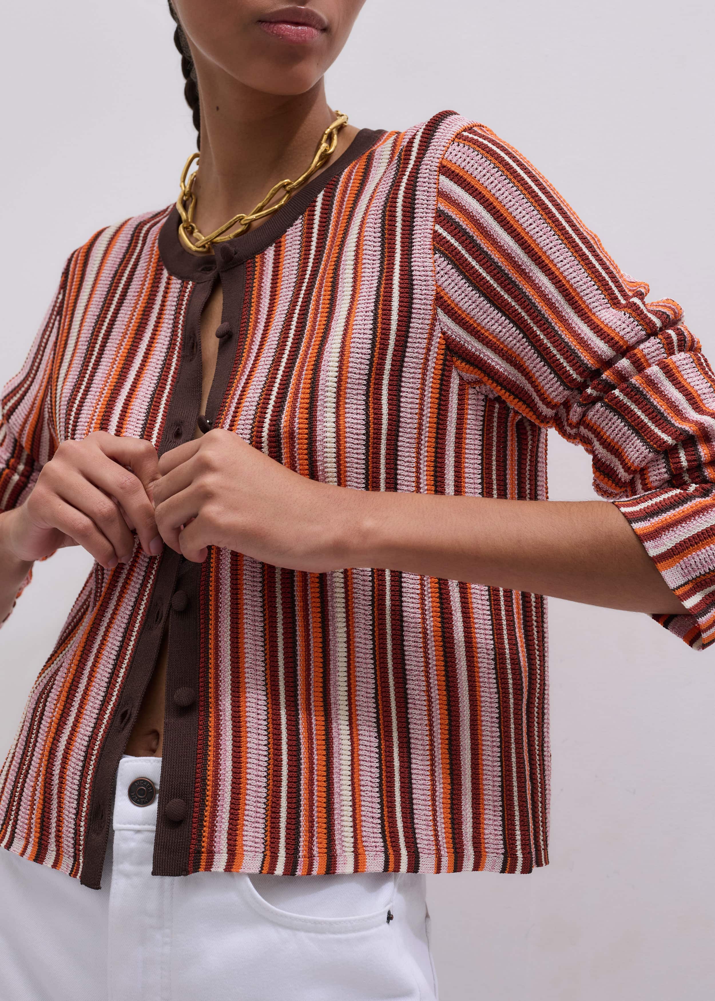 Cinnamon Brown Metallic Stripe Cardigan meandem