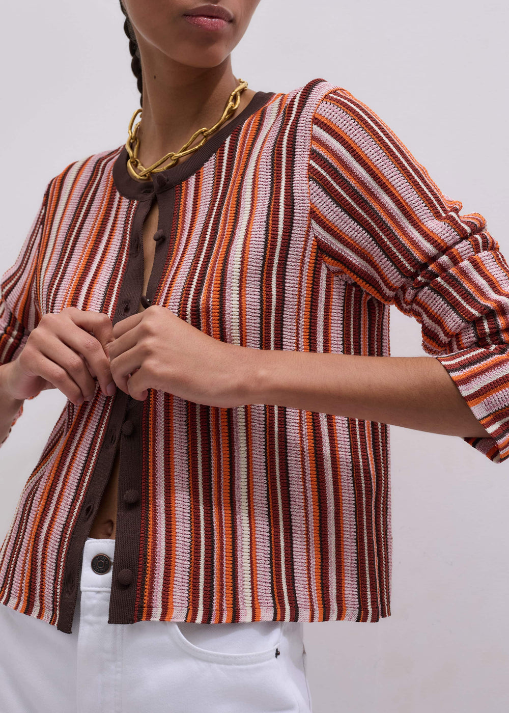 Cinnamon Brown Metallic Stripe Cardigan meandem