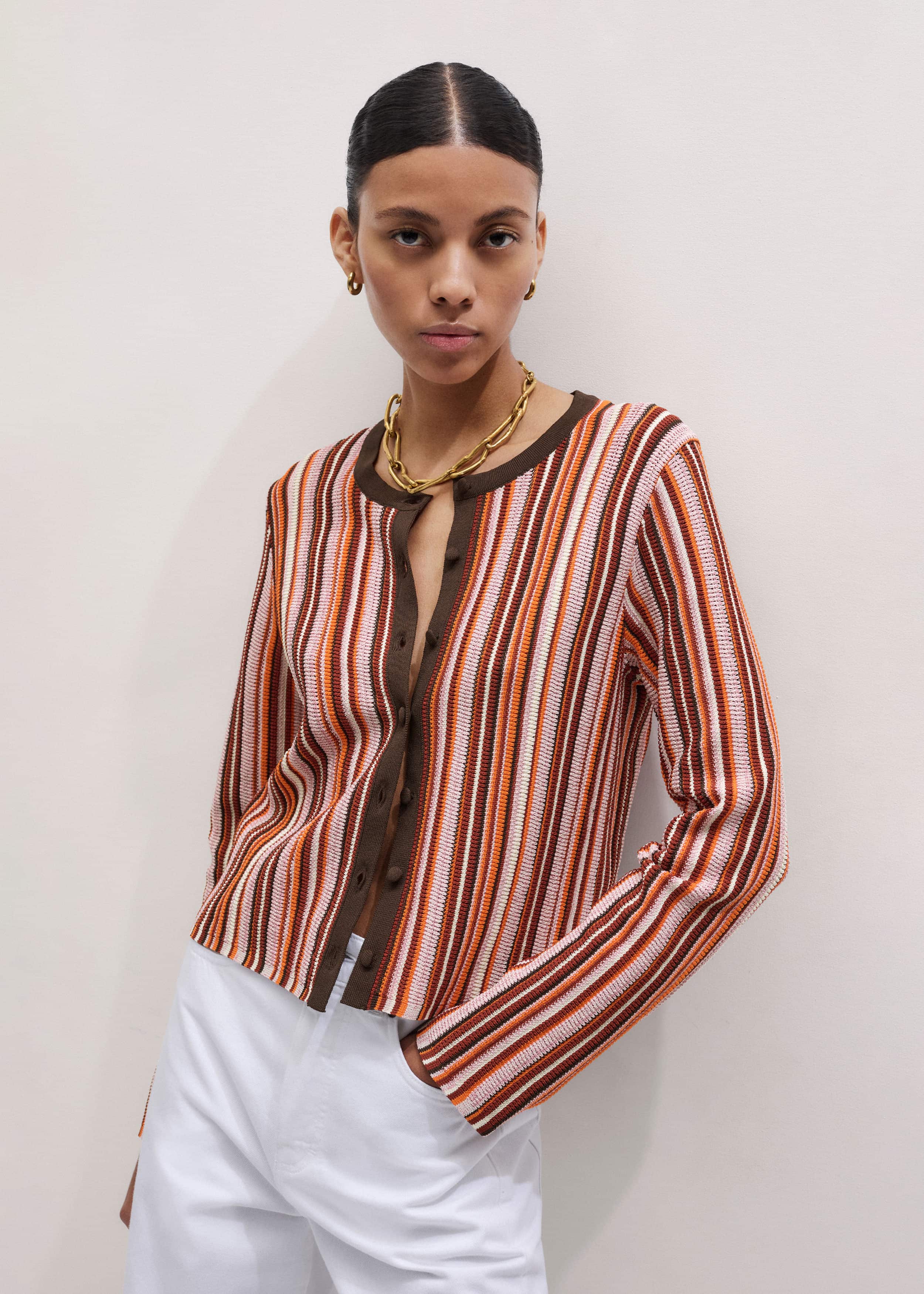 Cinnamon Brown Metallic Stripe Cardigan meandem