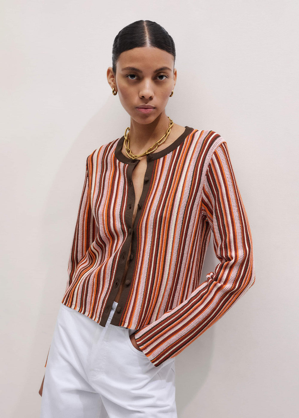 Cinnamon Brown Metallic Stripe Cardigan meandem