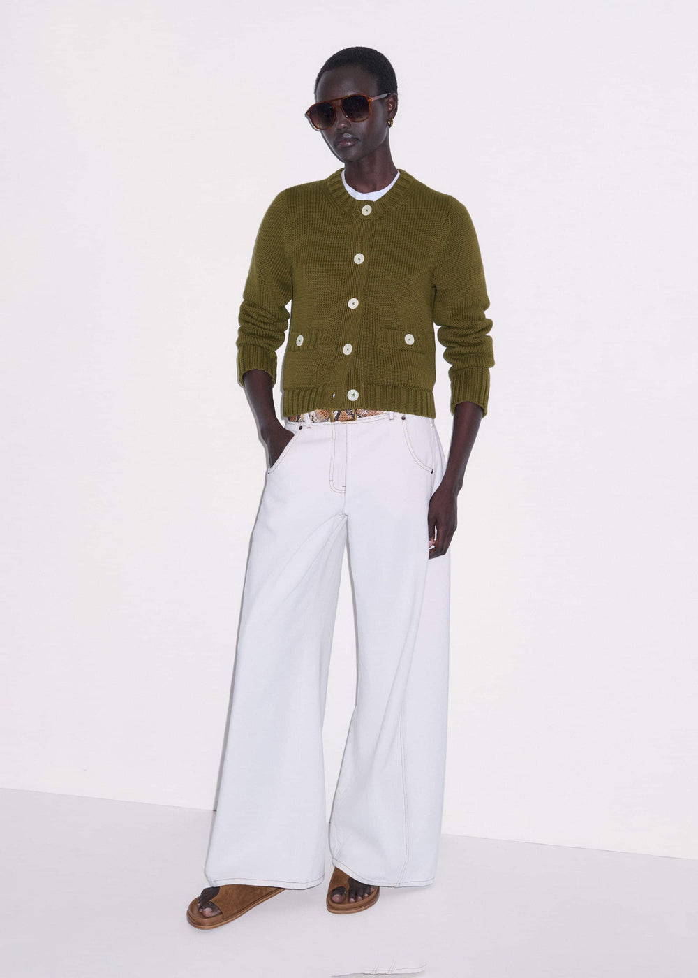 Olive Green Straight Crop Cardigan meandem