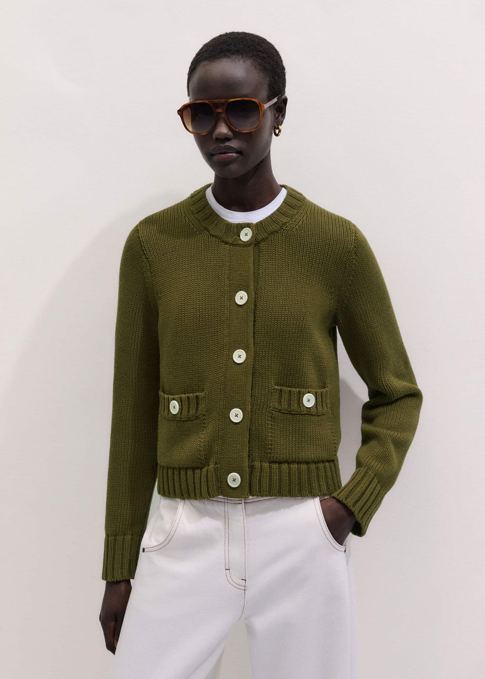 Olive Green Straight Crop Cardigan meandem