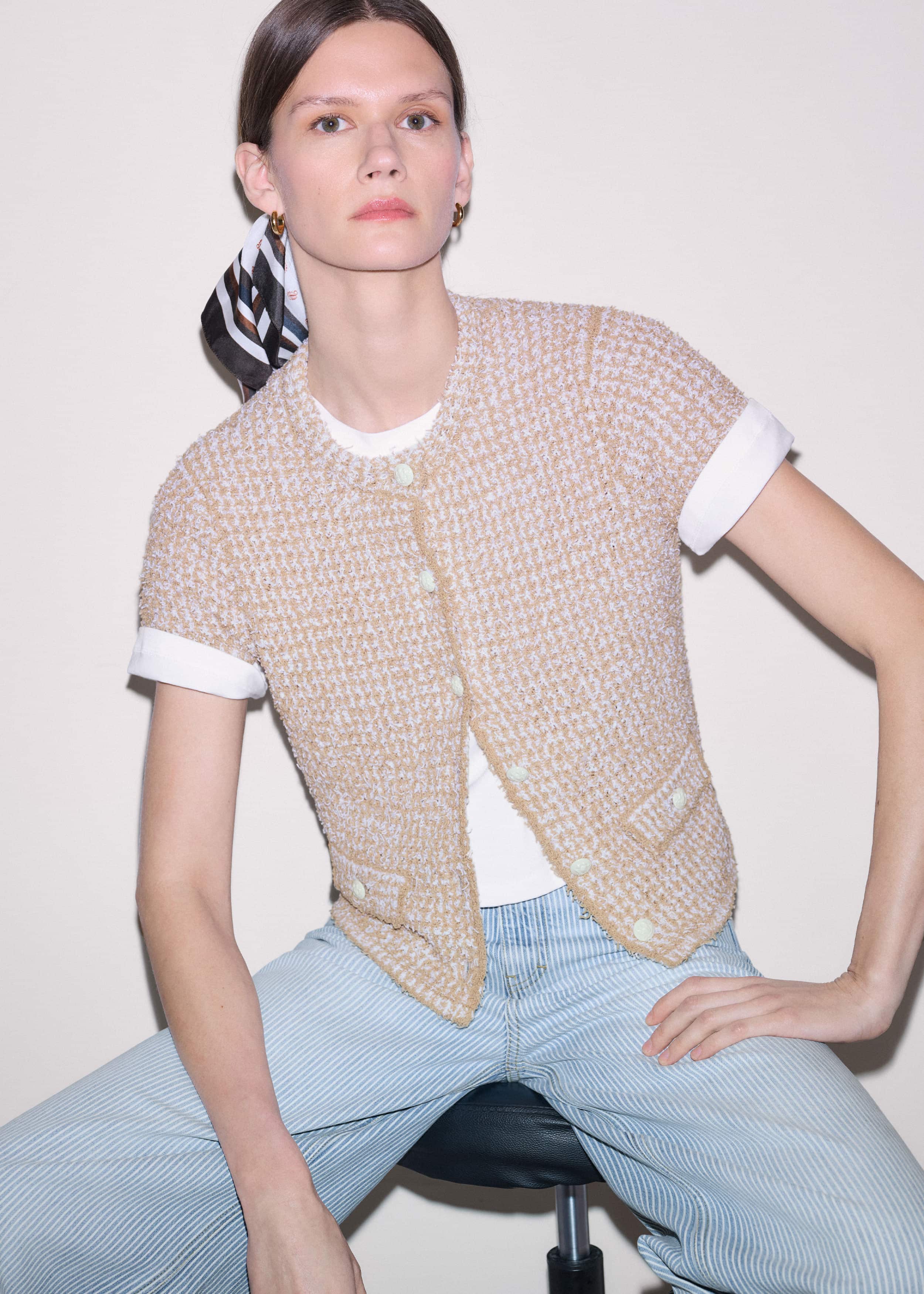 Cream Tweed Knit Pouf Shoulder Textured Crop Jacket meandem