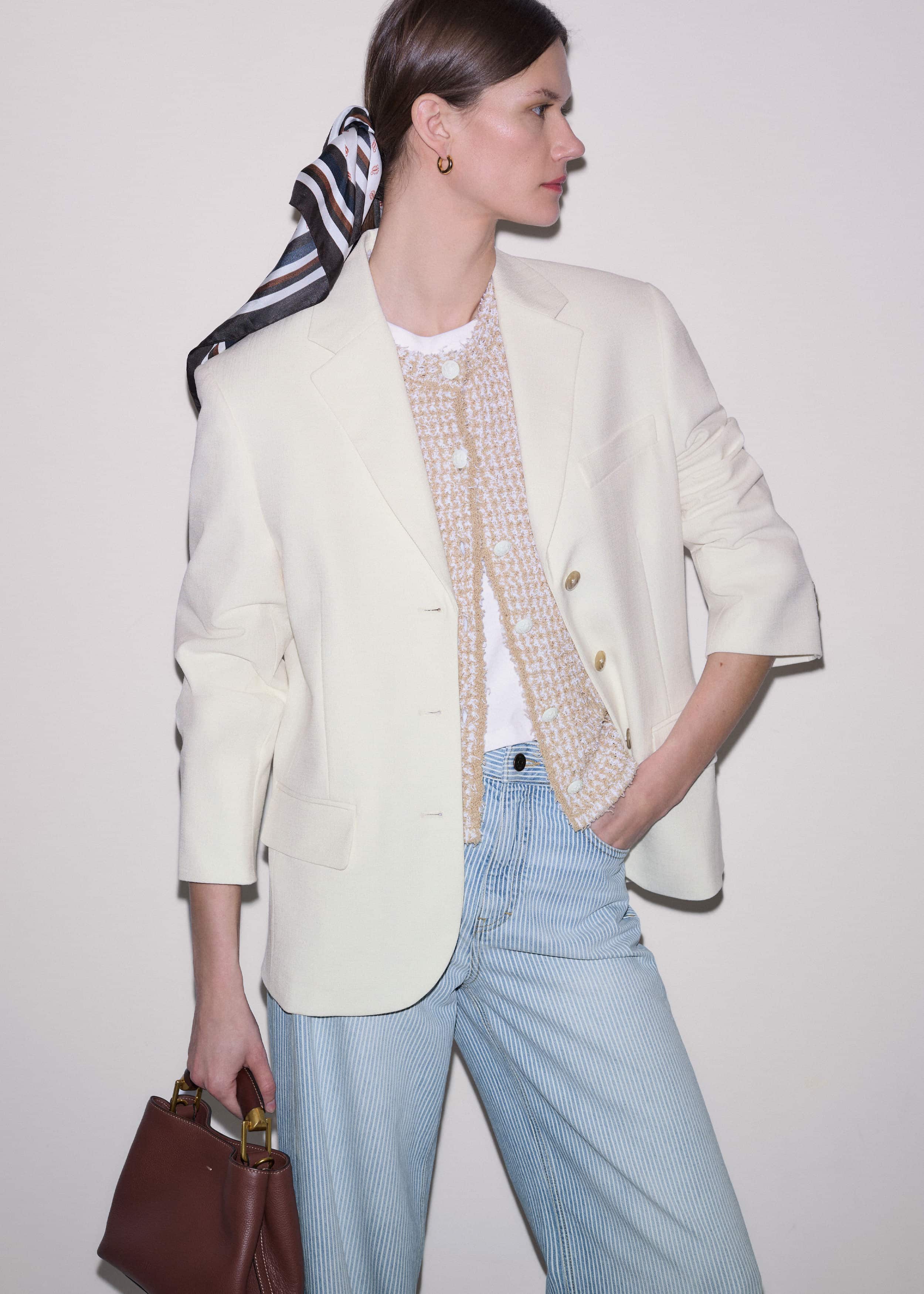 Cream Tweed Knit Pouf Shoulder Textured Crop Jacket meandem