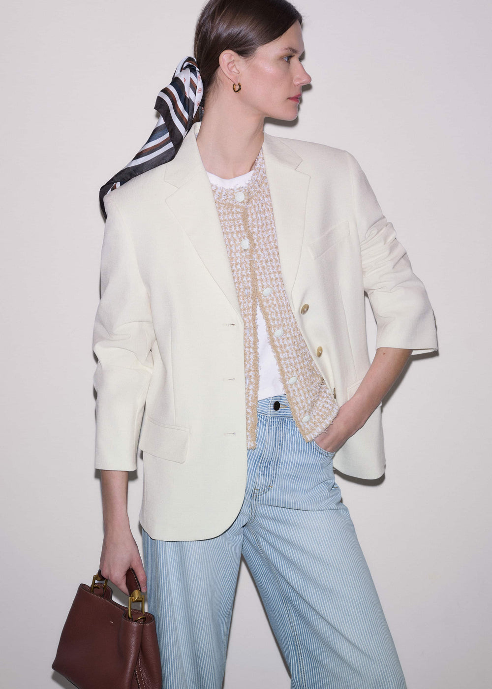 Cream Tweed Knit Pouf Shoulder Textured Crop Jacket meandem