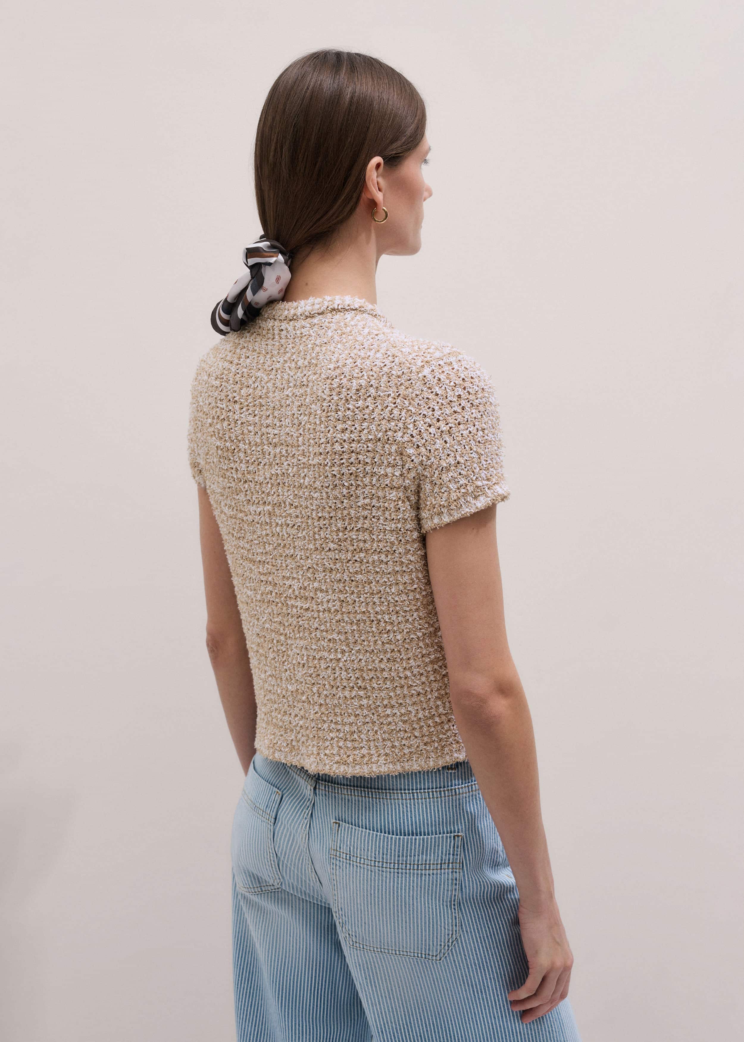 Cream Tweed Knit Pouf Shoulder Textured Crop Jacket meandem