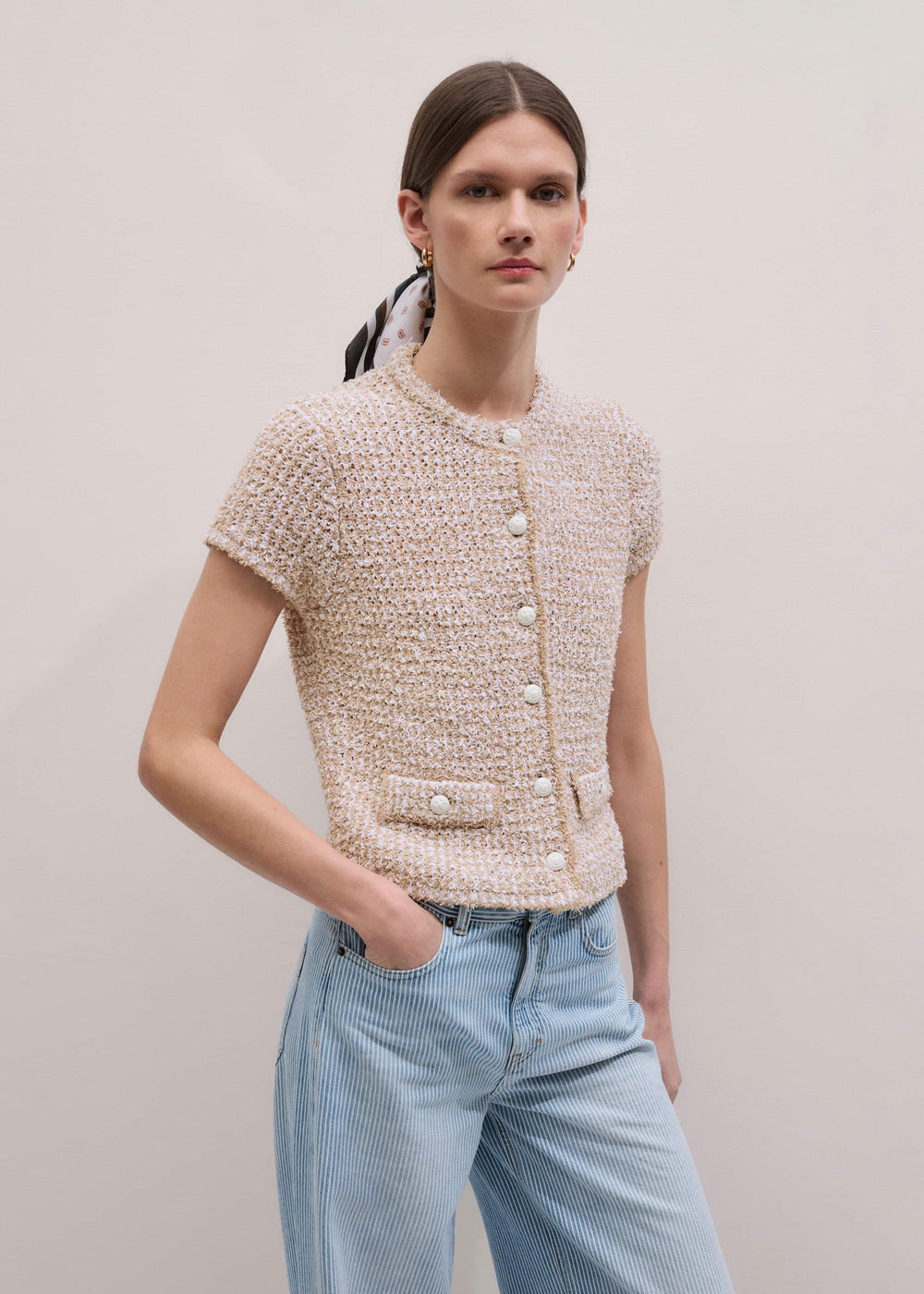 Cream Tweed Knit Pouf Shoulder Textured Crop Jacket meandem