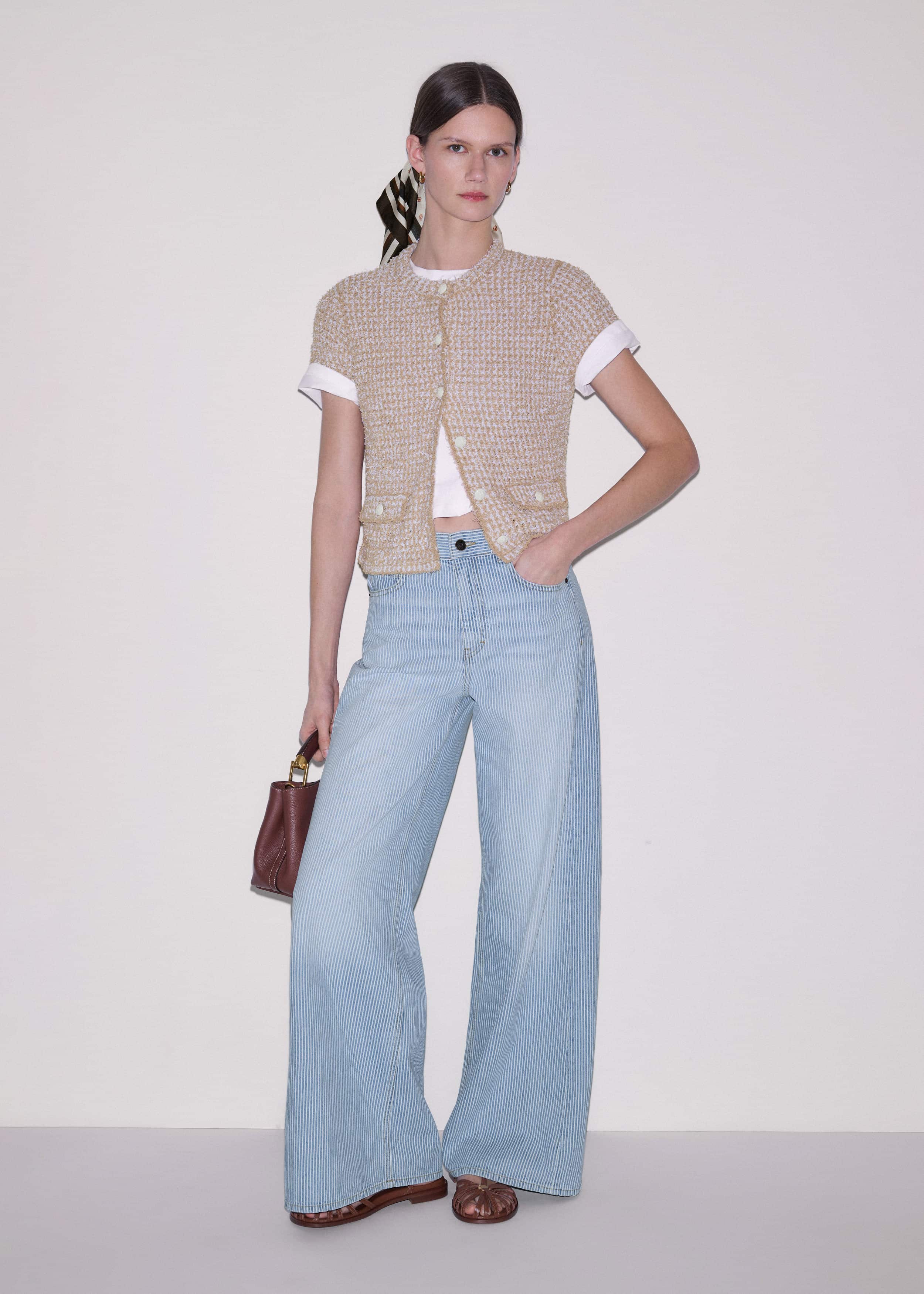 Cream Tweed Knit Pouf Shoulder Textured Crop Jacket meandem