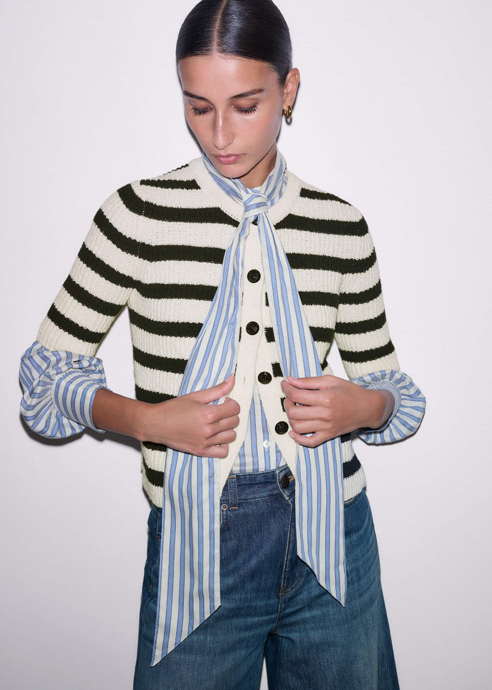 Cream Bouclé Stripe Short Sleeve Cardigan meandem