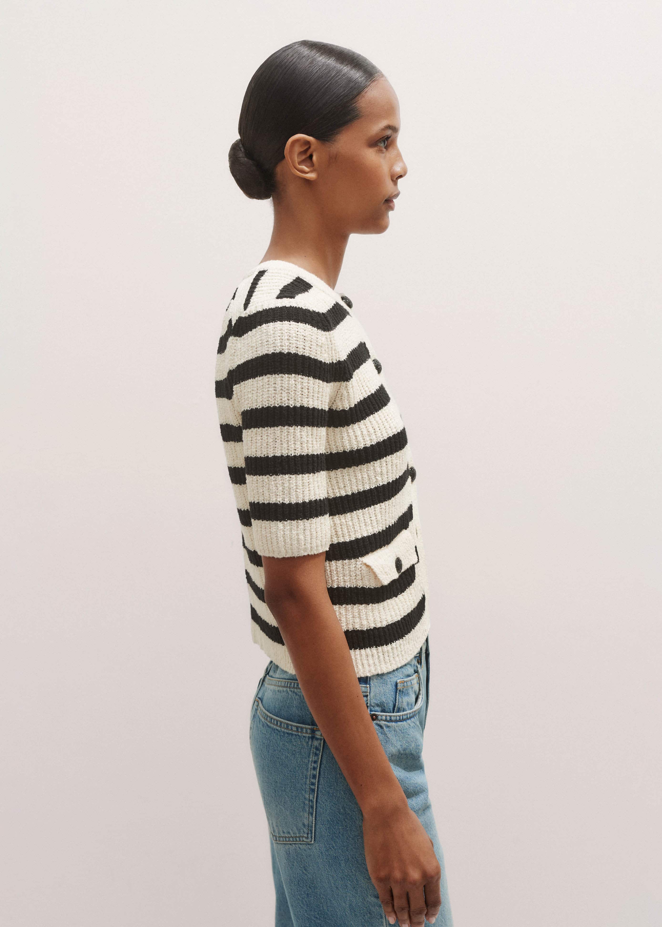 Cream Bouclé Stripe Short Sleeve Cardigan meandem