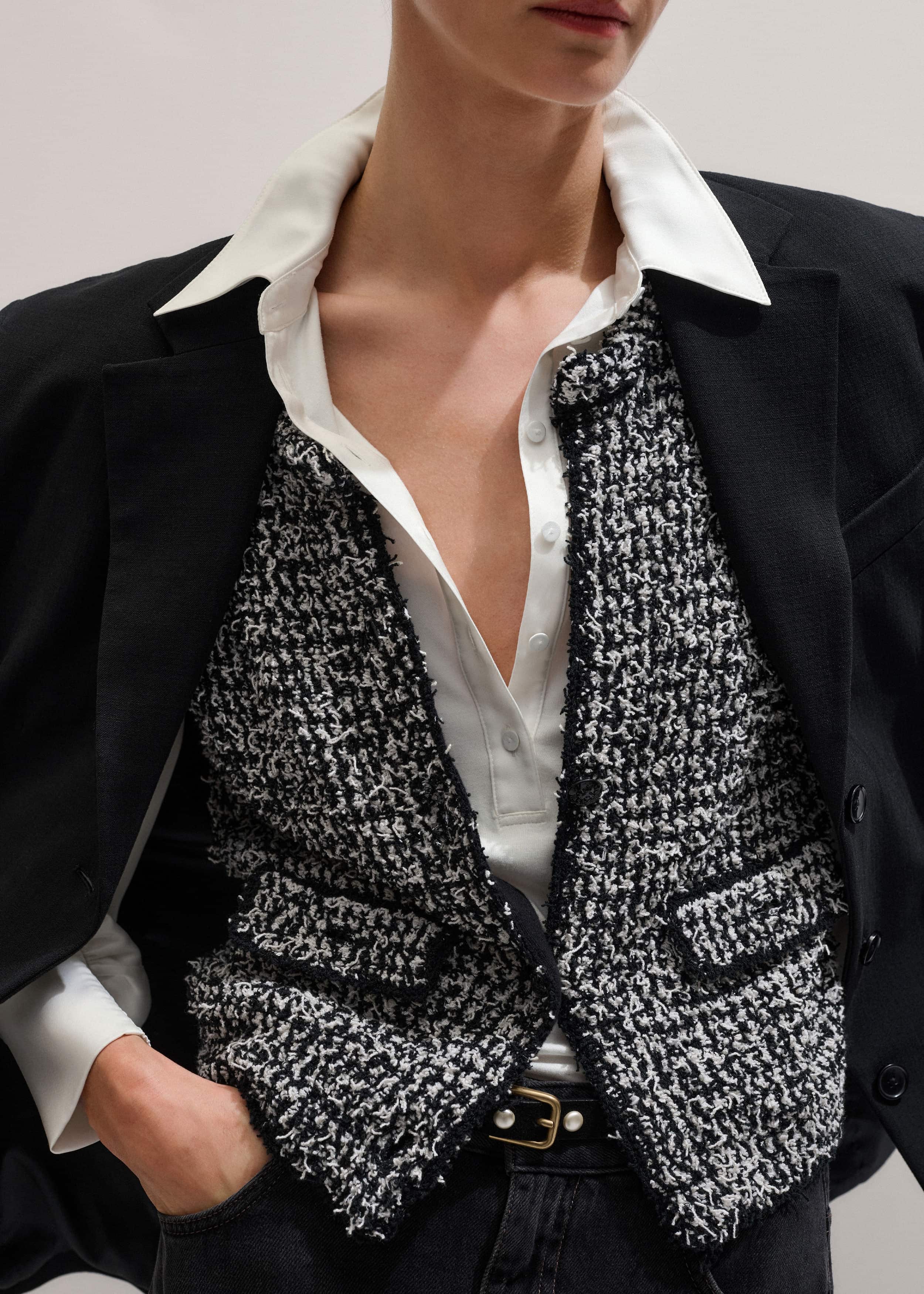 Black Tweed Knit Pouf Sleeve Crop Jacket meandem
