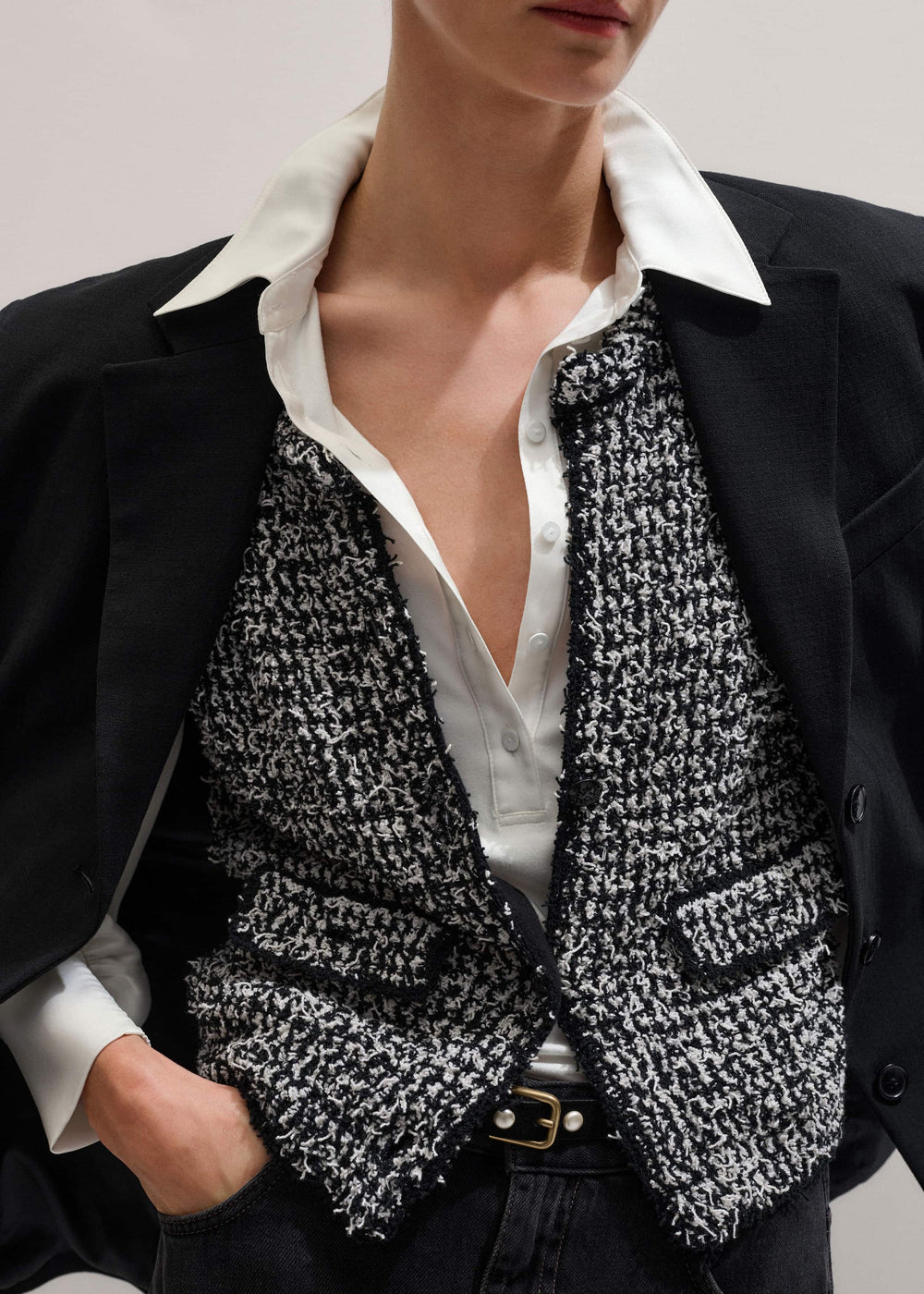Black Tweed Knit Pouf Sleeve Crop Jacket meandem