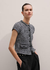 Black Tweed Knit Pouf Sleeve Crop Jacket meandem