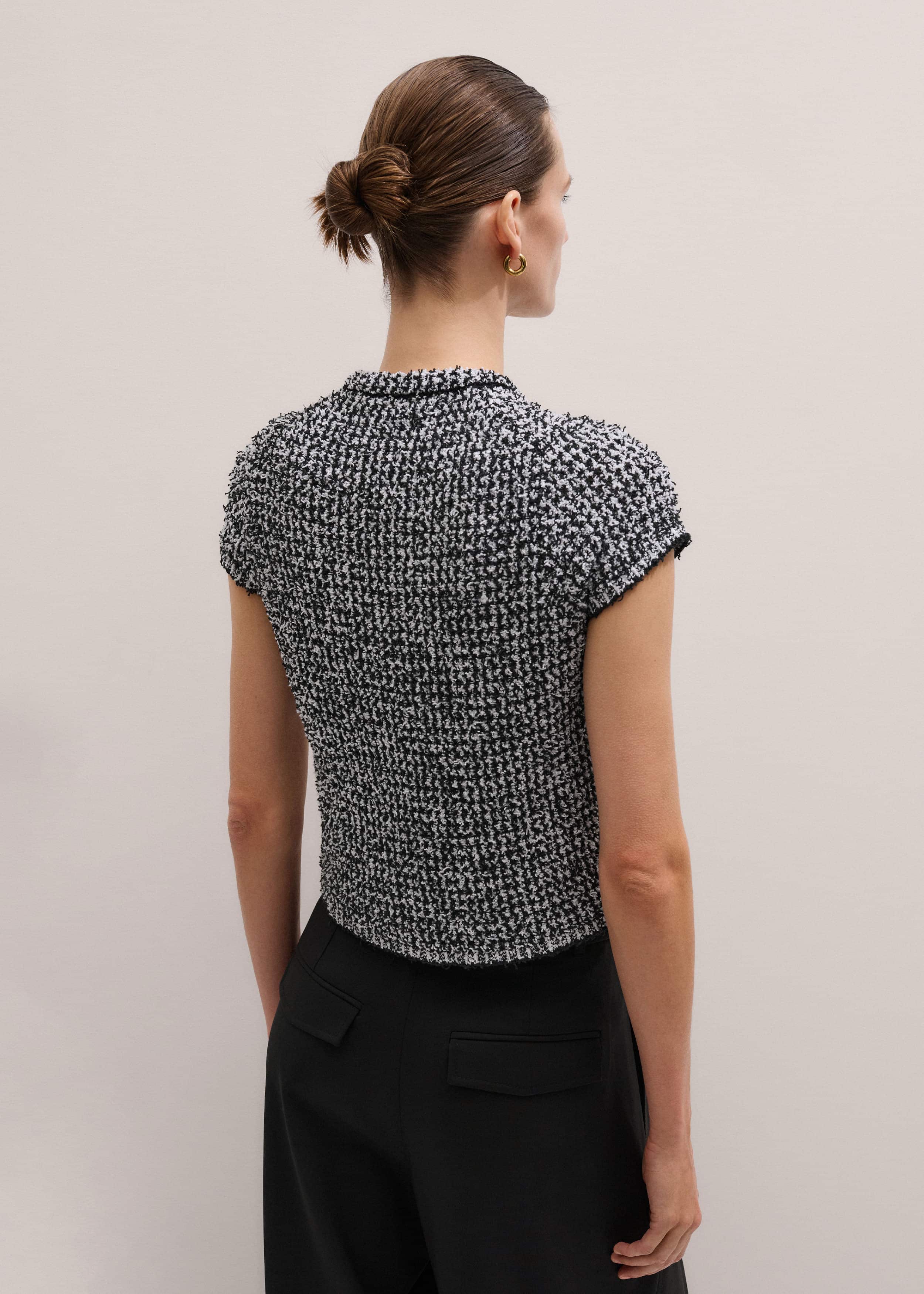Black Tweed Knit Pouf Sleeve Crop Jacket meandem
