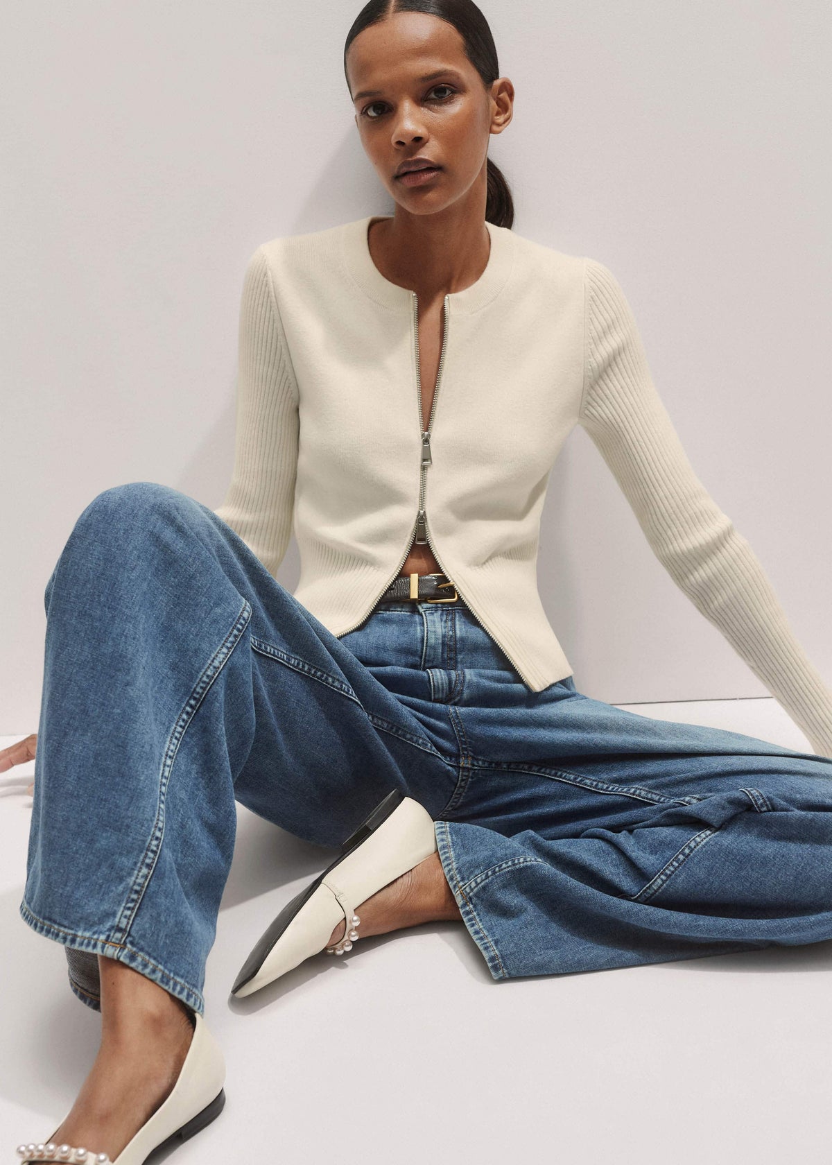 Cream Milano Knit Two-Way Zip Cardigan meandem