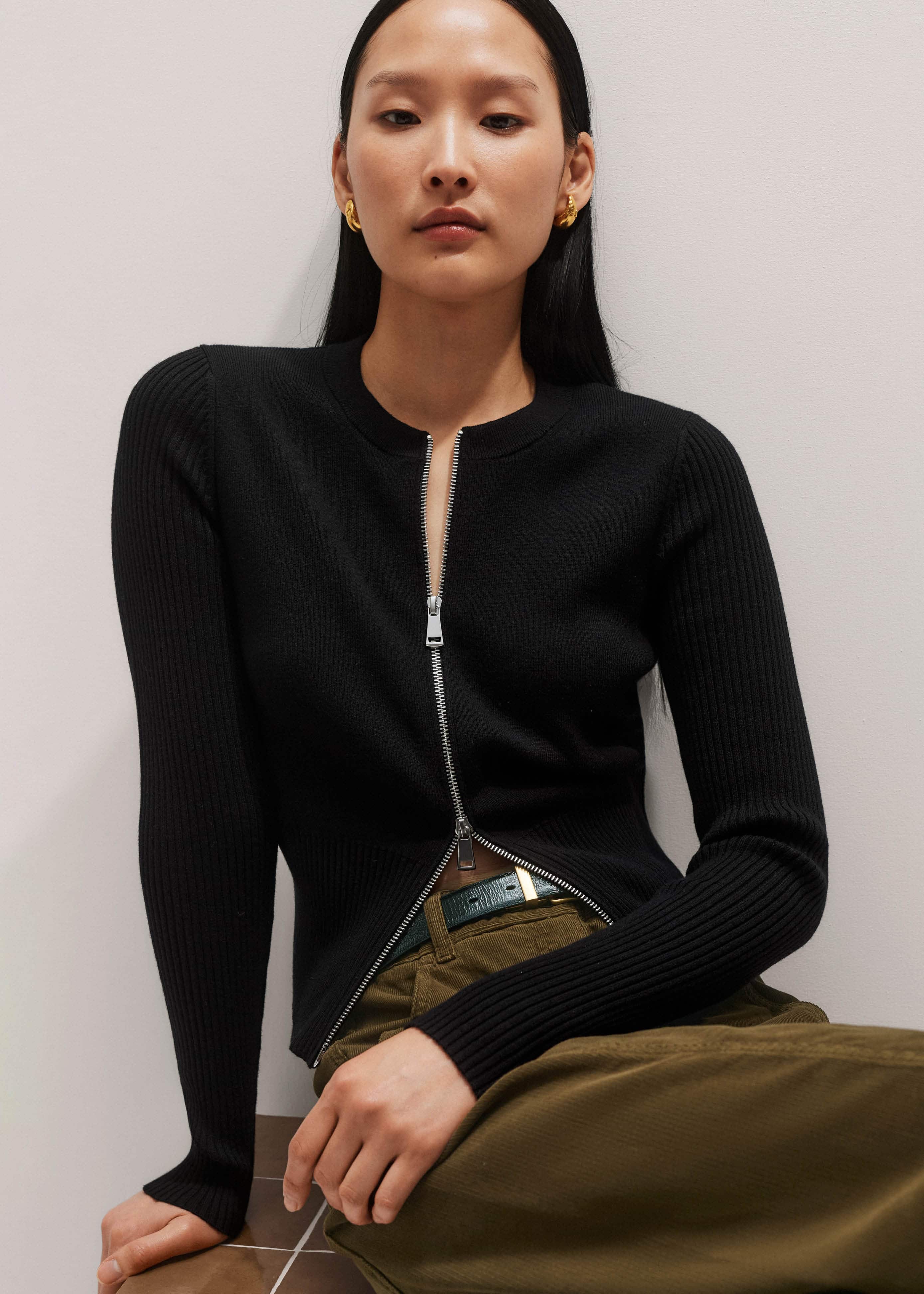 Black Milano Knit Two-Way Zip Cardigan meandem