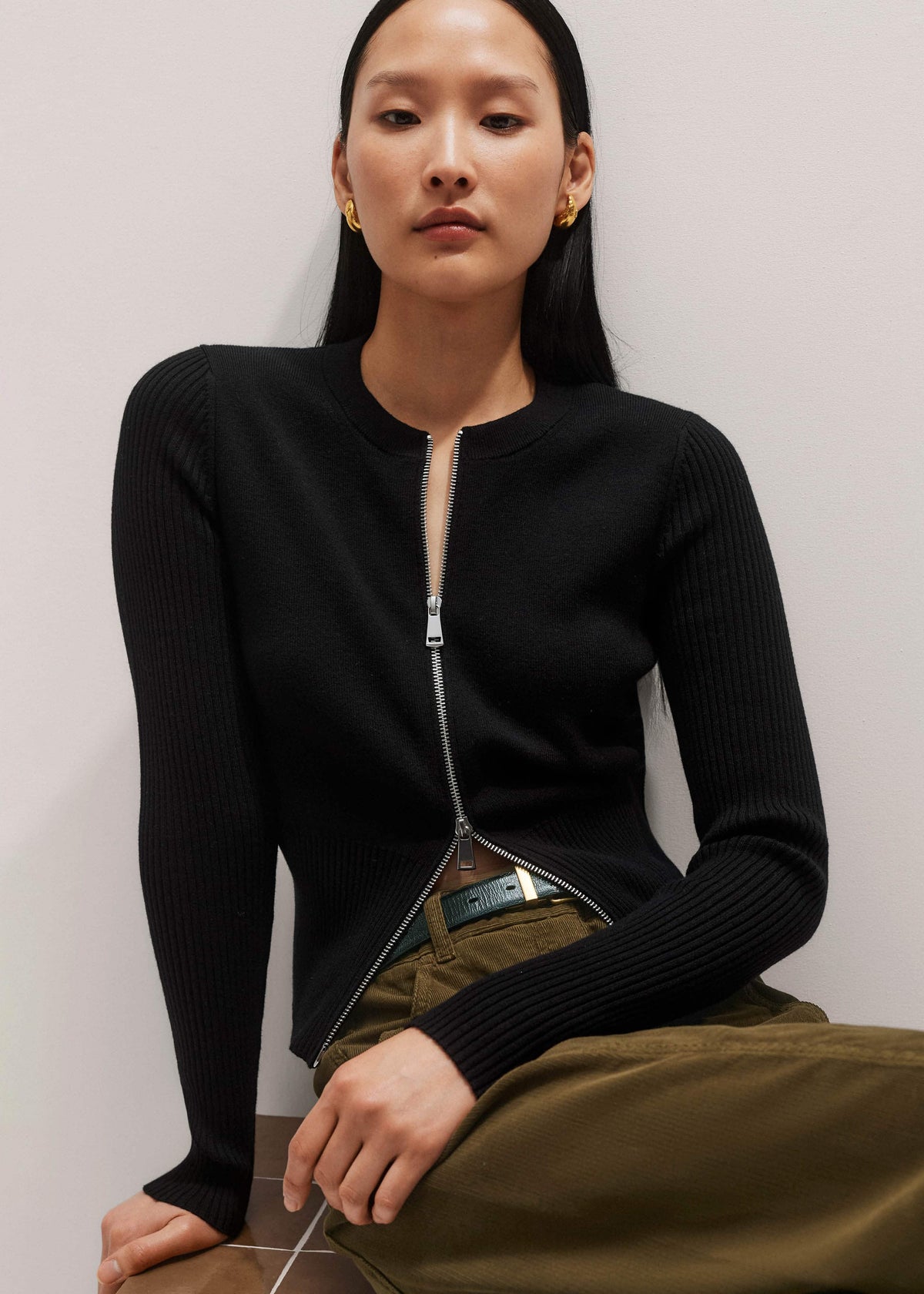 Black Milano Knit Two-Way Zip Cardigan meandem