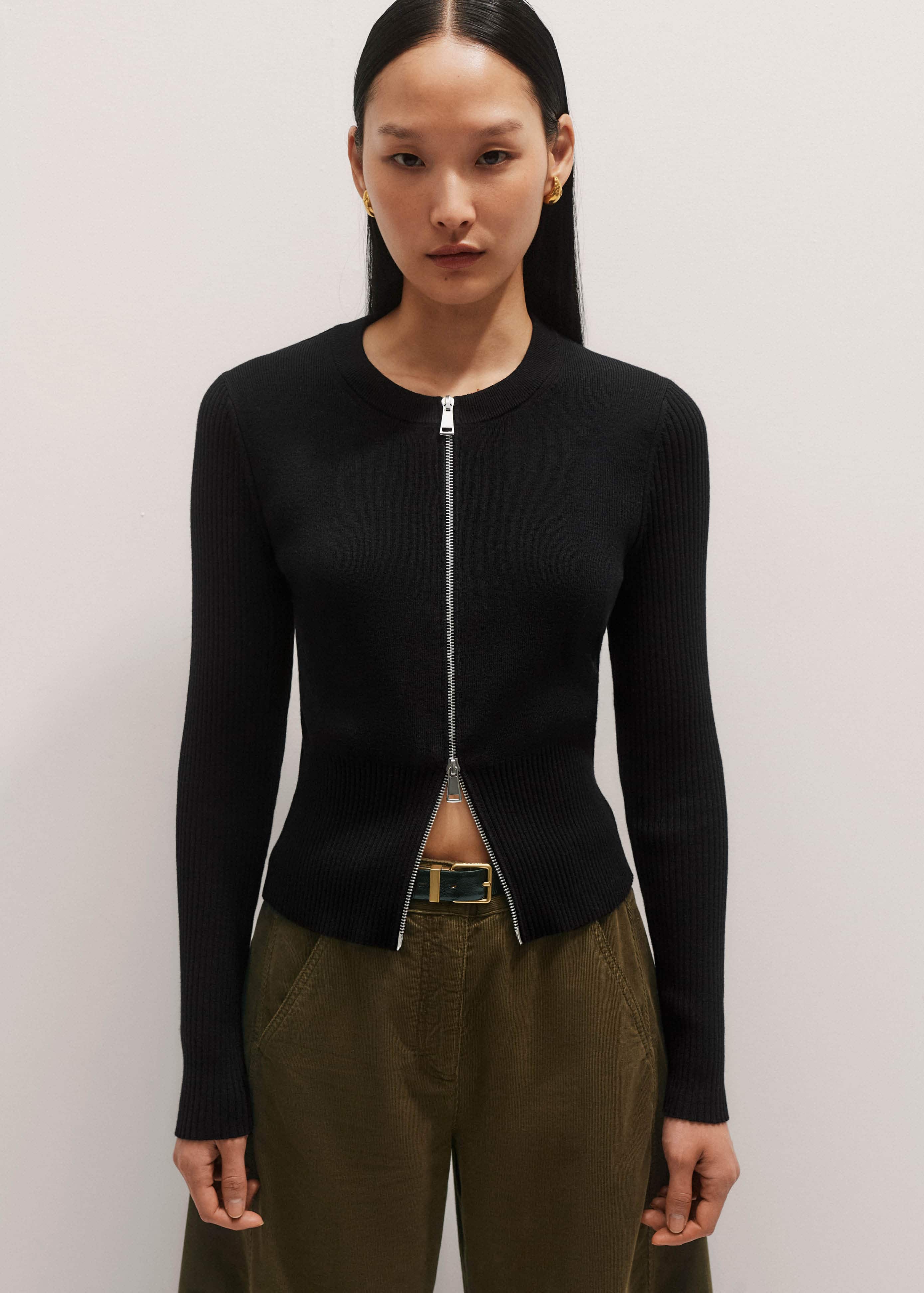 Black Milano Knit Two-Way Zip Cardigan meandem