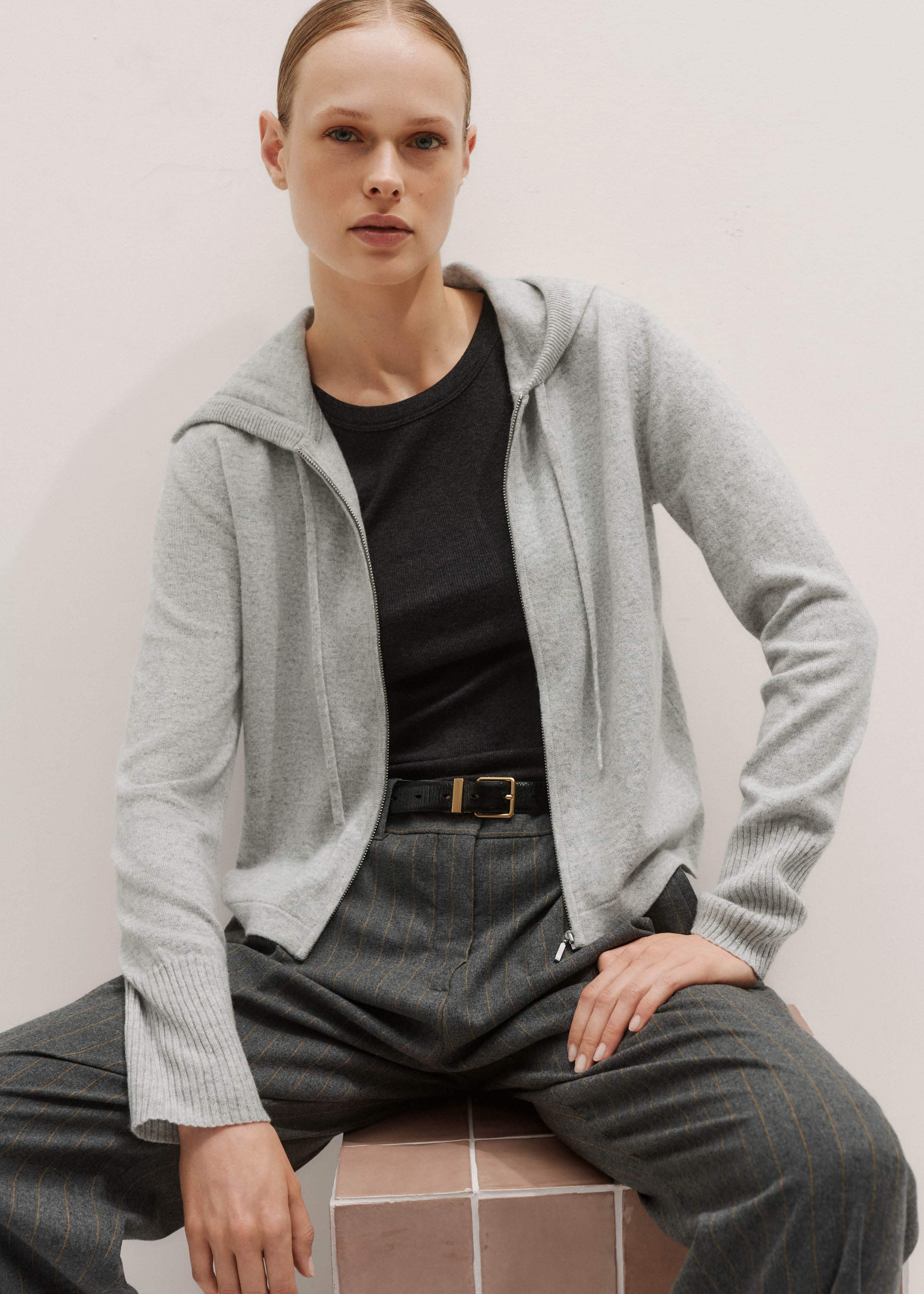 Silver Gray Mélange Cashmere Relaxed Fit Box Zip Hoodie meandem
