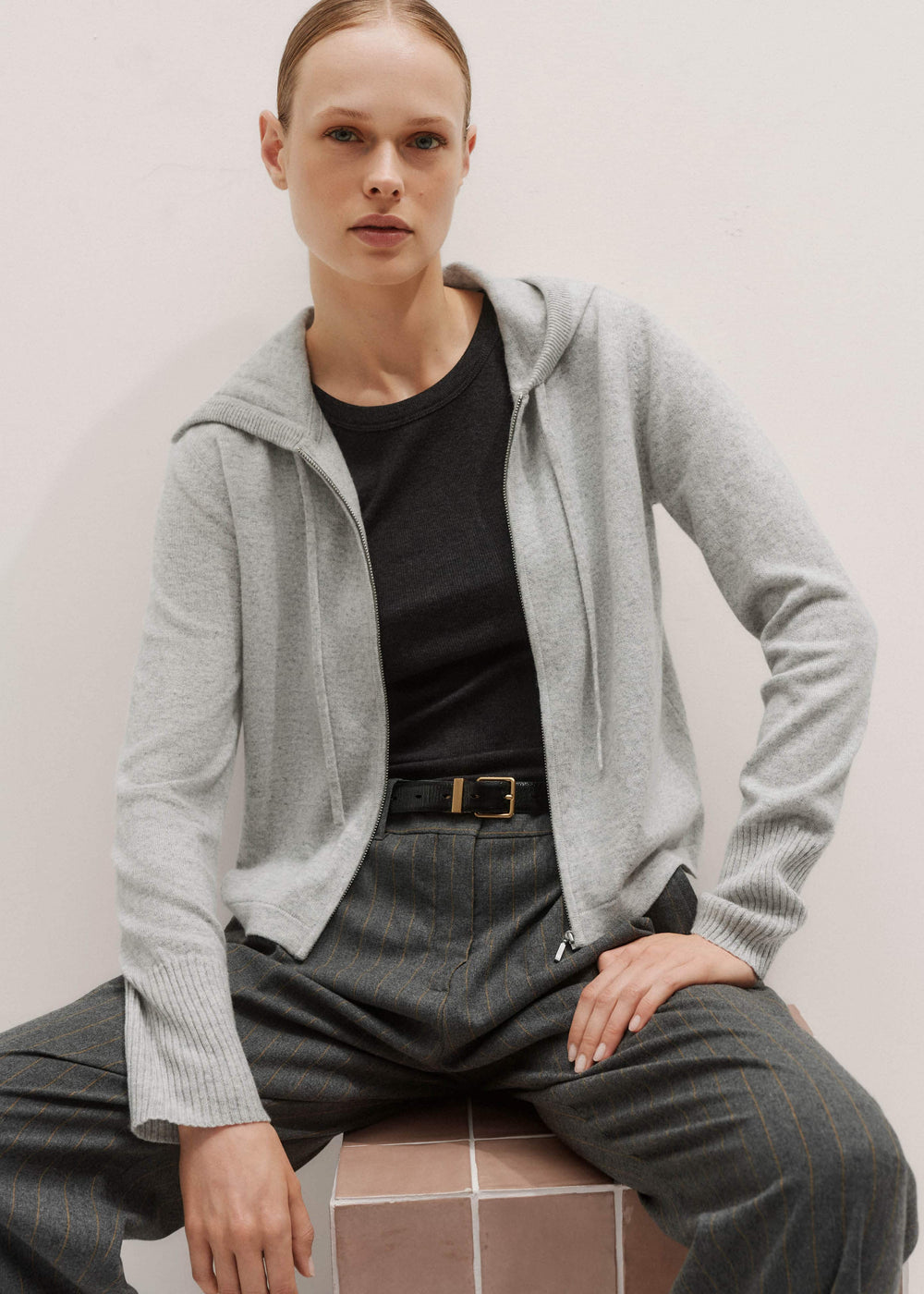 Silver Gray Mélange Cashmere Relaxed Fit Box Zip Hoodie meandem