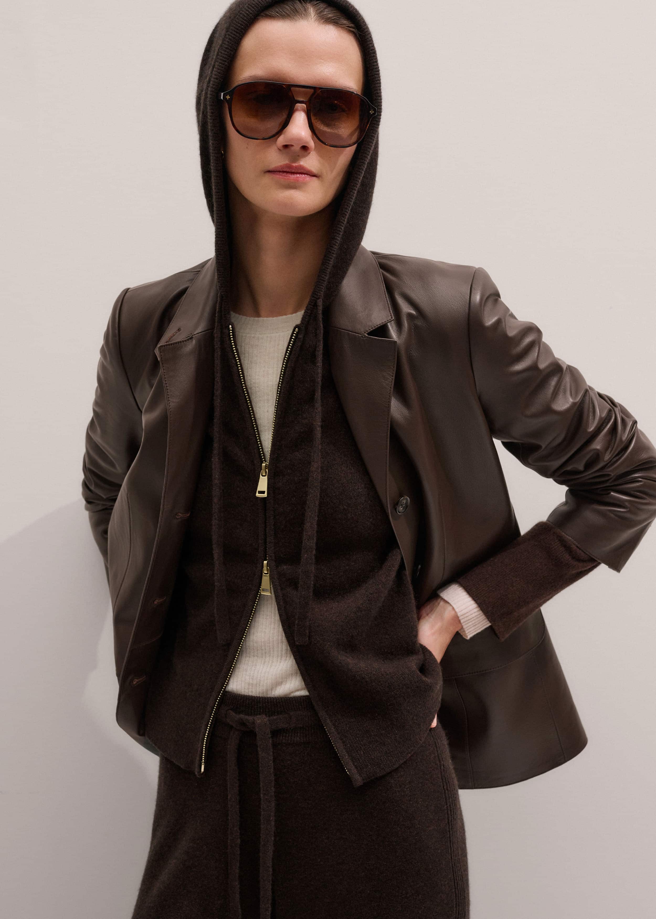 Brown Cashmere Two Way Zip Straight Hoodie meandem