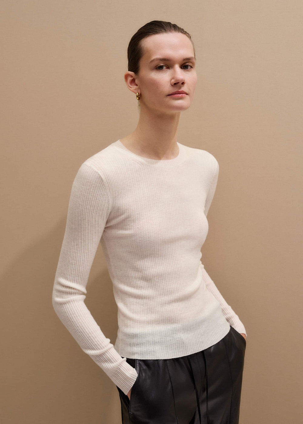 Cream Barely There Slim Rib Layering Sweater meandem