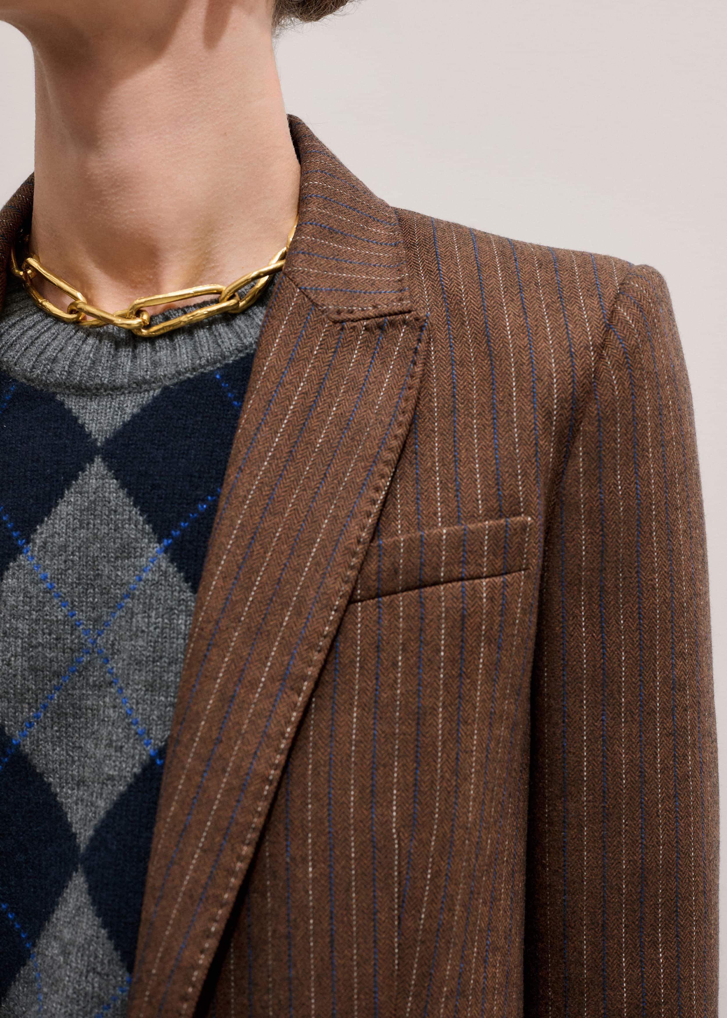 Brown Pinstripe Sharp Shoulder Blazer meandem