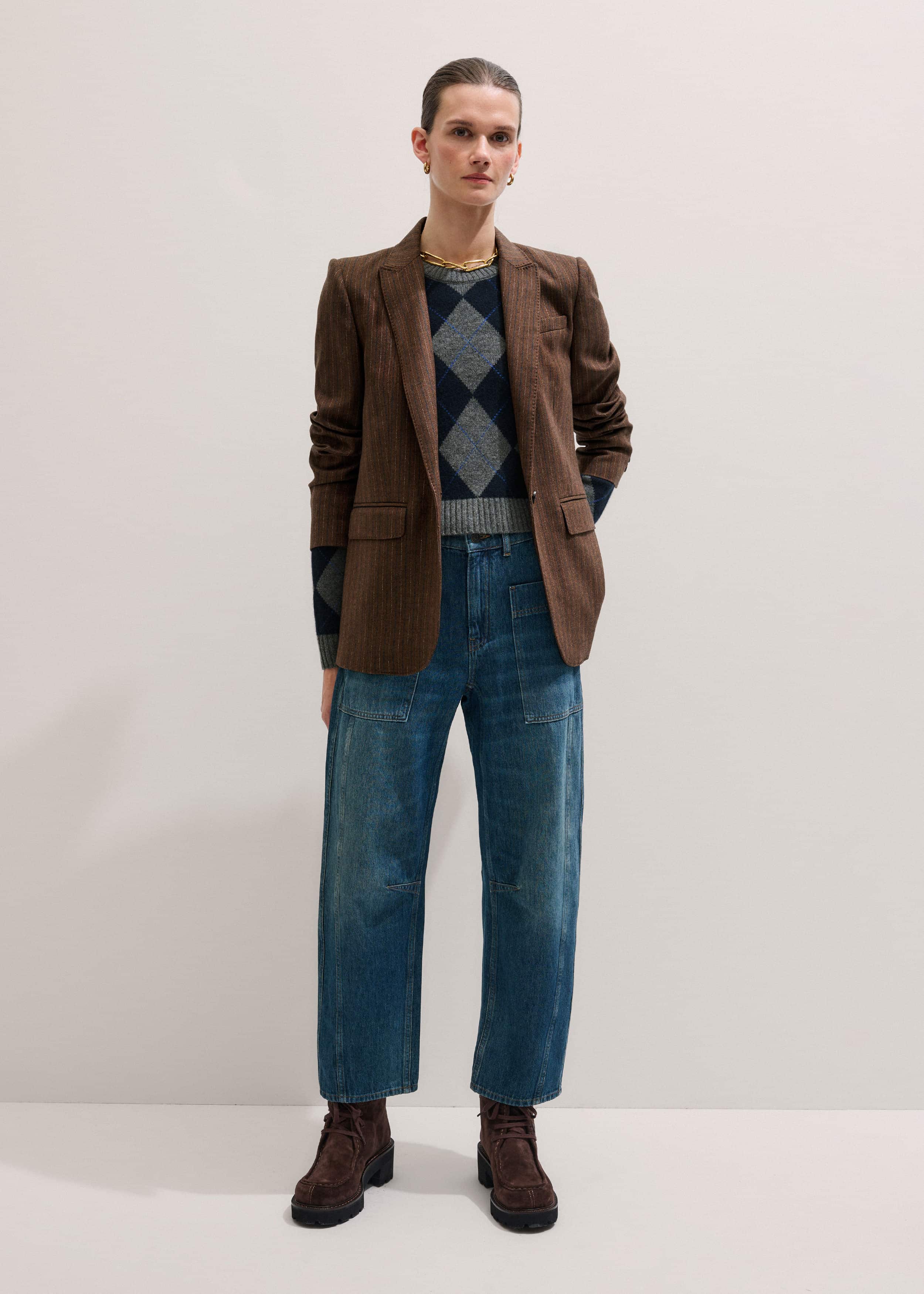 Brown Pinstripe Sharp Shoulder Blazer meandem
