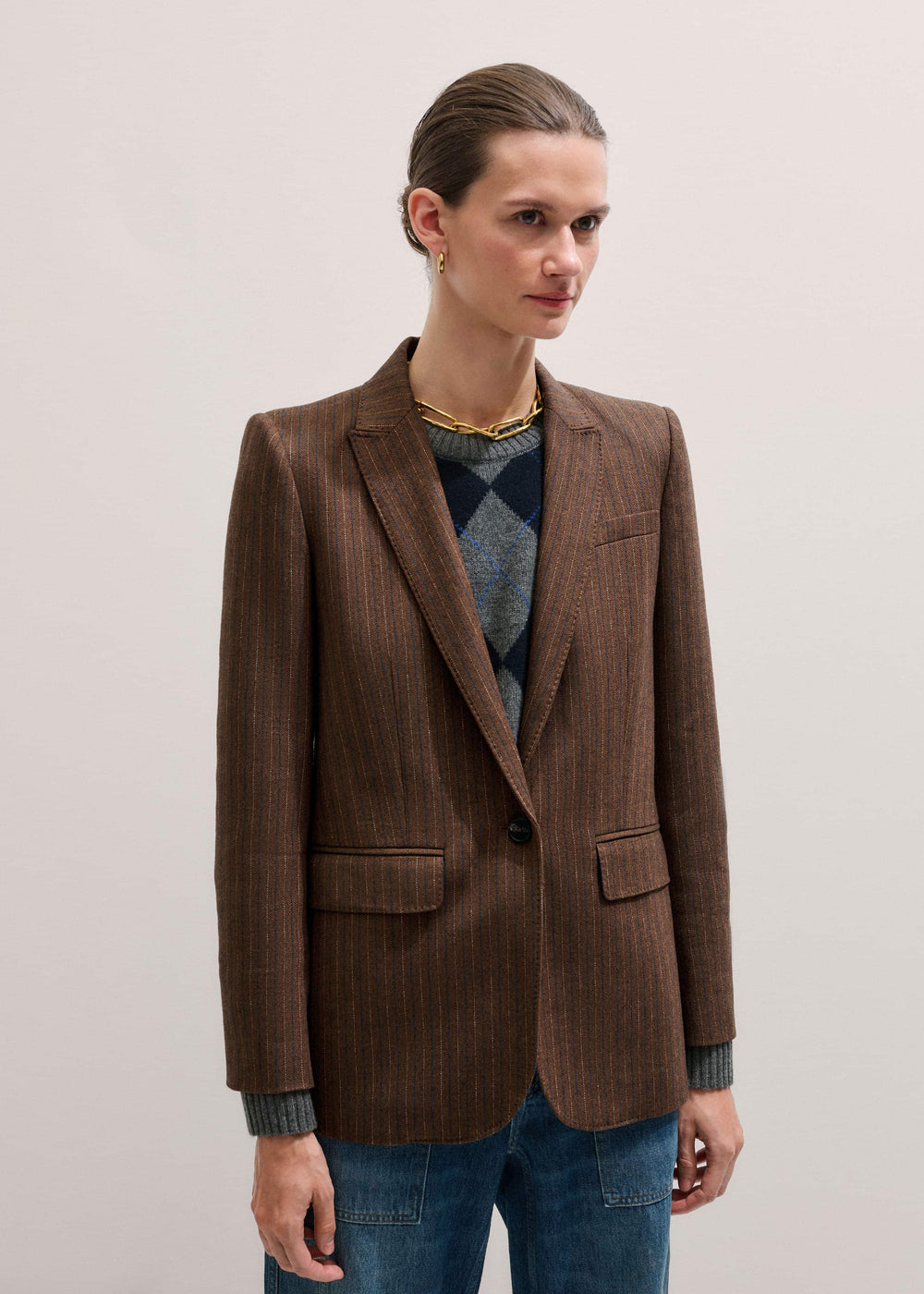 Brown Pinstripe Sharp Shoulder Blazer meandem
