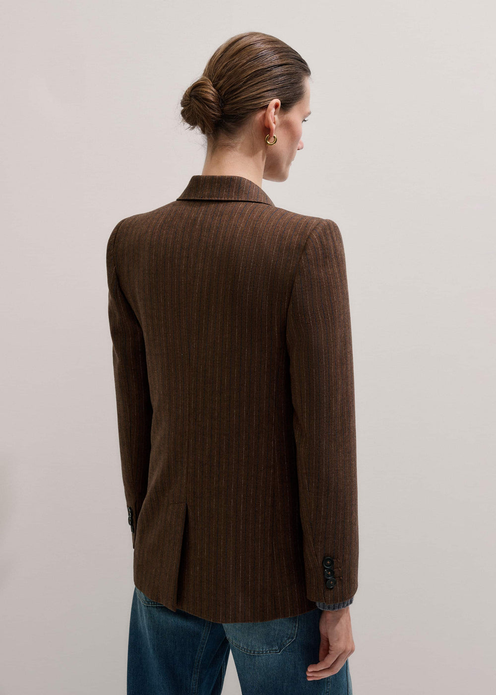 Brown Pinstripe Sharp Shoulder Blazer meandem