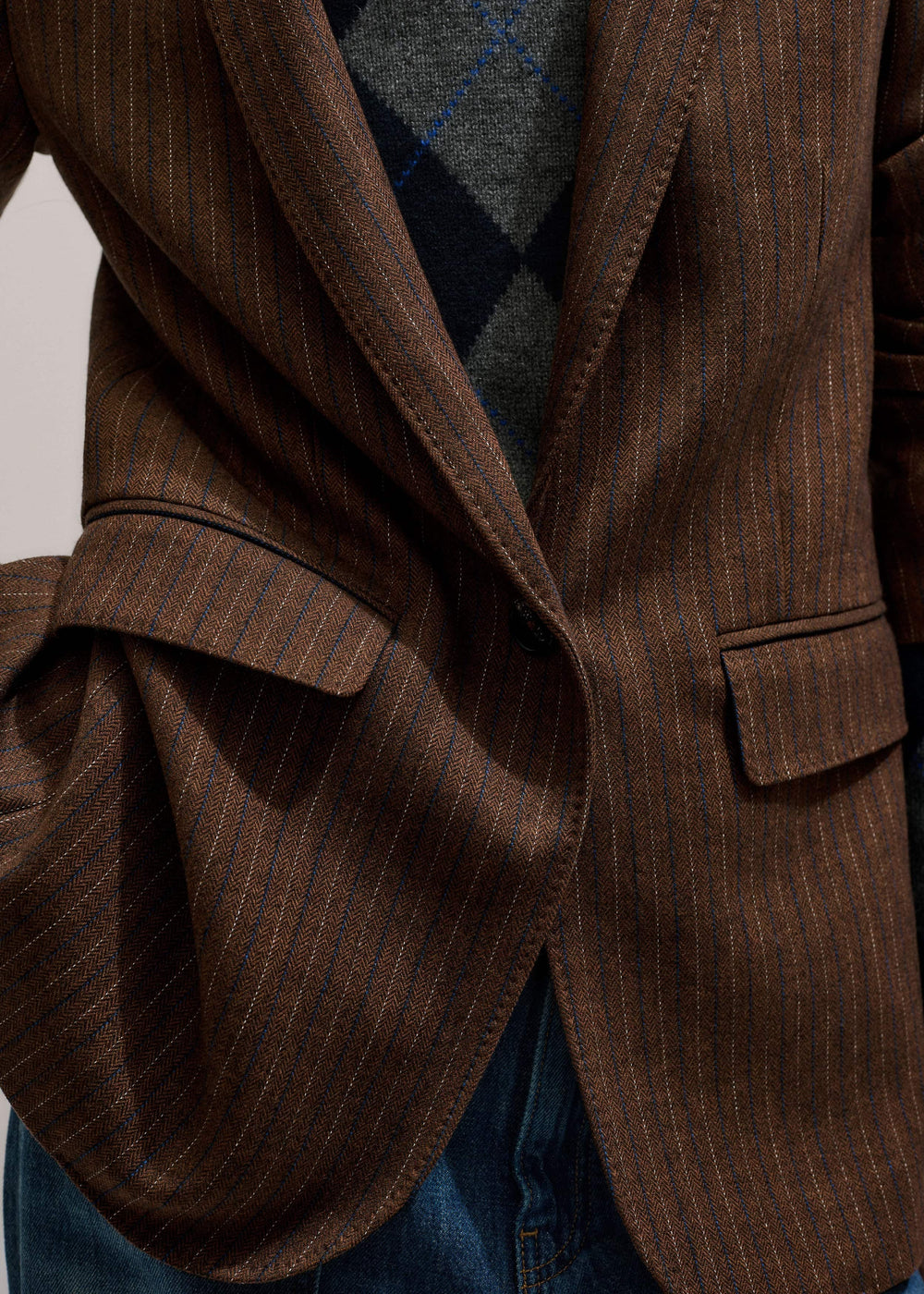 Brown Pinstripe Sharp Shoulder Blazer meandem