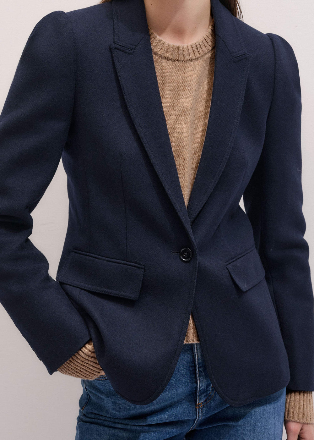 Navy Feminine Sleeve Fitted Blazer meandem