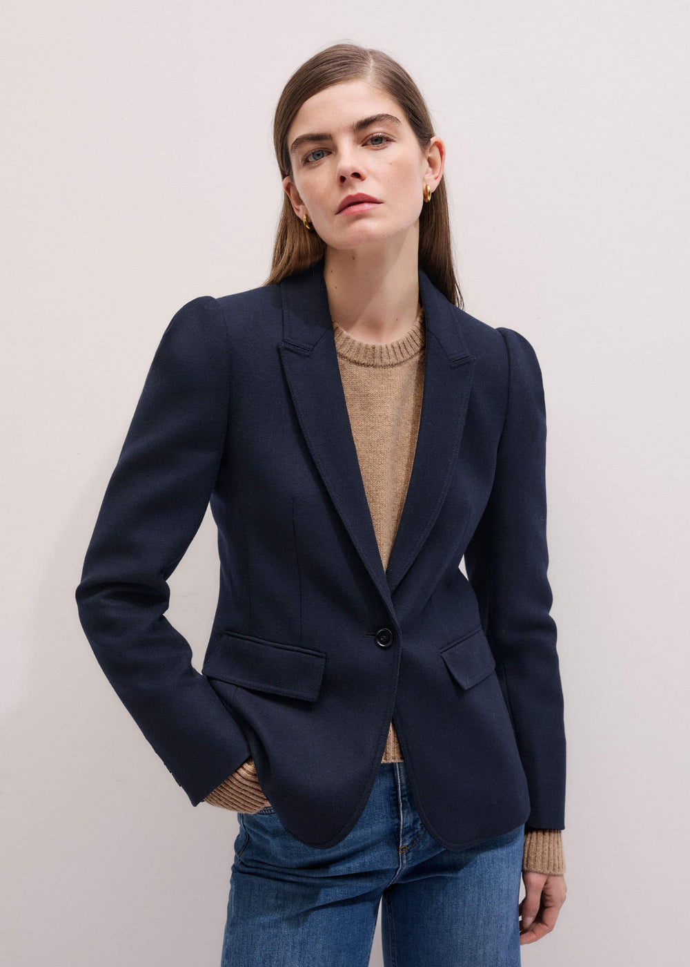 Navy Feminine Sleeve Fitted Blazer meandem