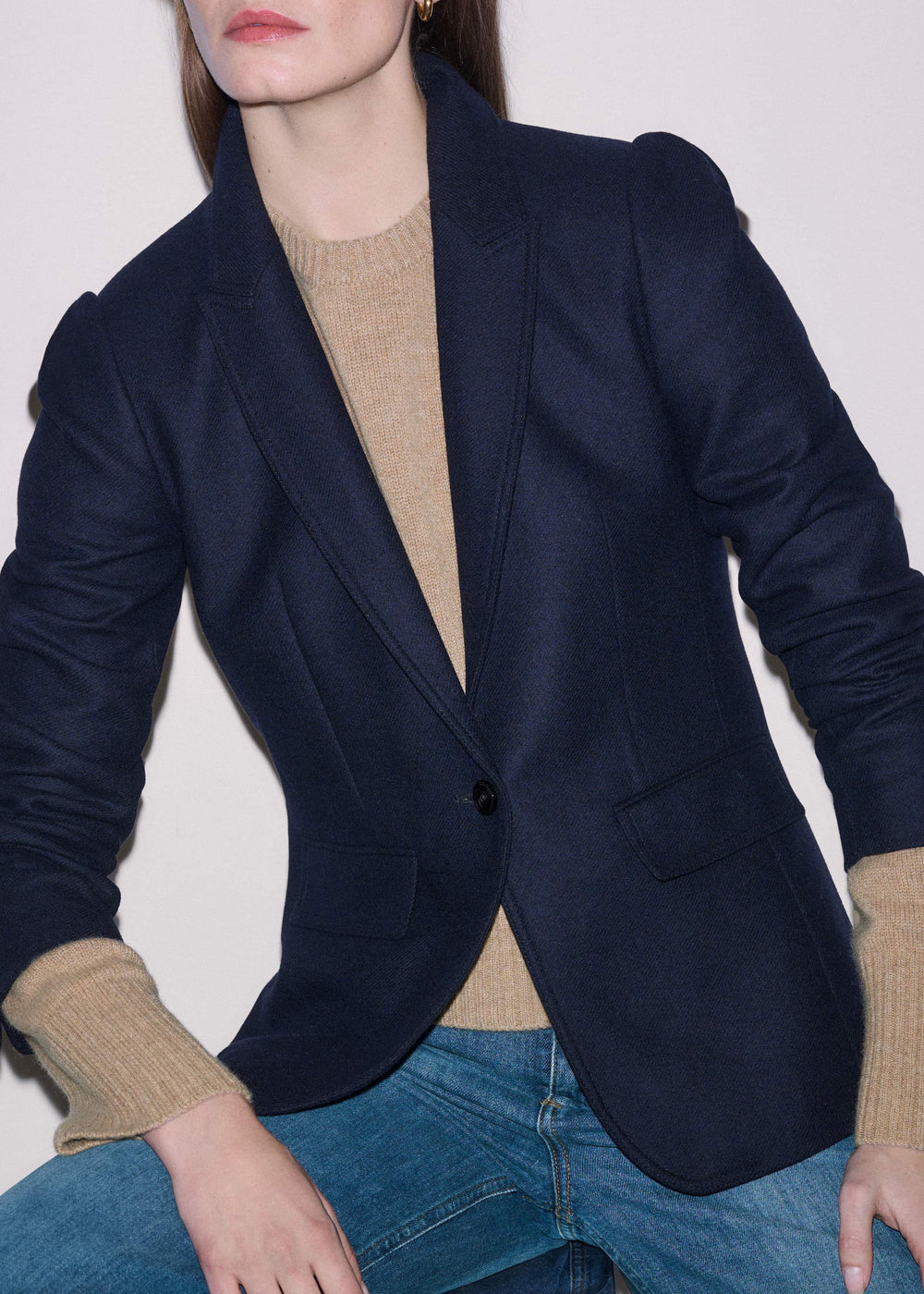 Navy Feminine Sleeve Fitted Blazer meandem