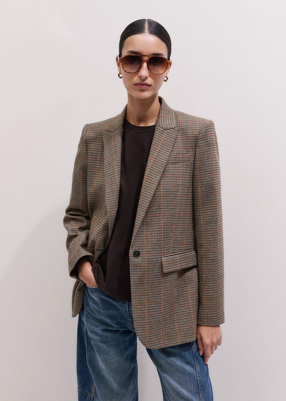 Brown Check Sharp Shoulder Blazer meandem