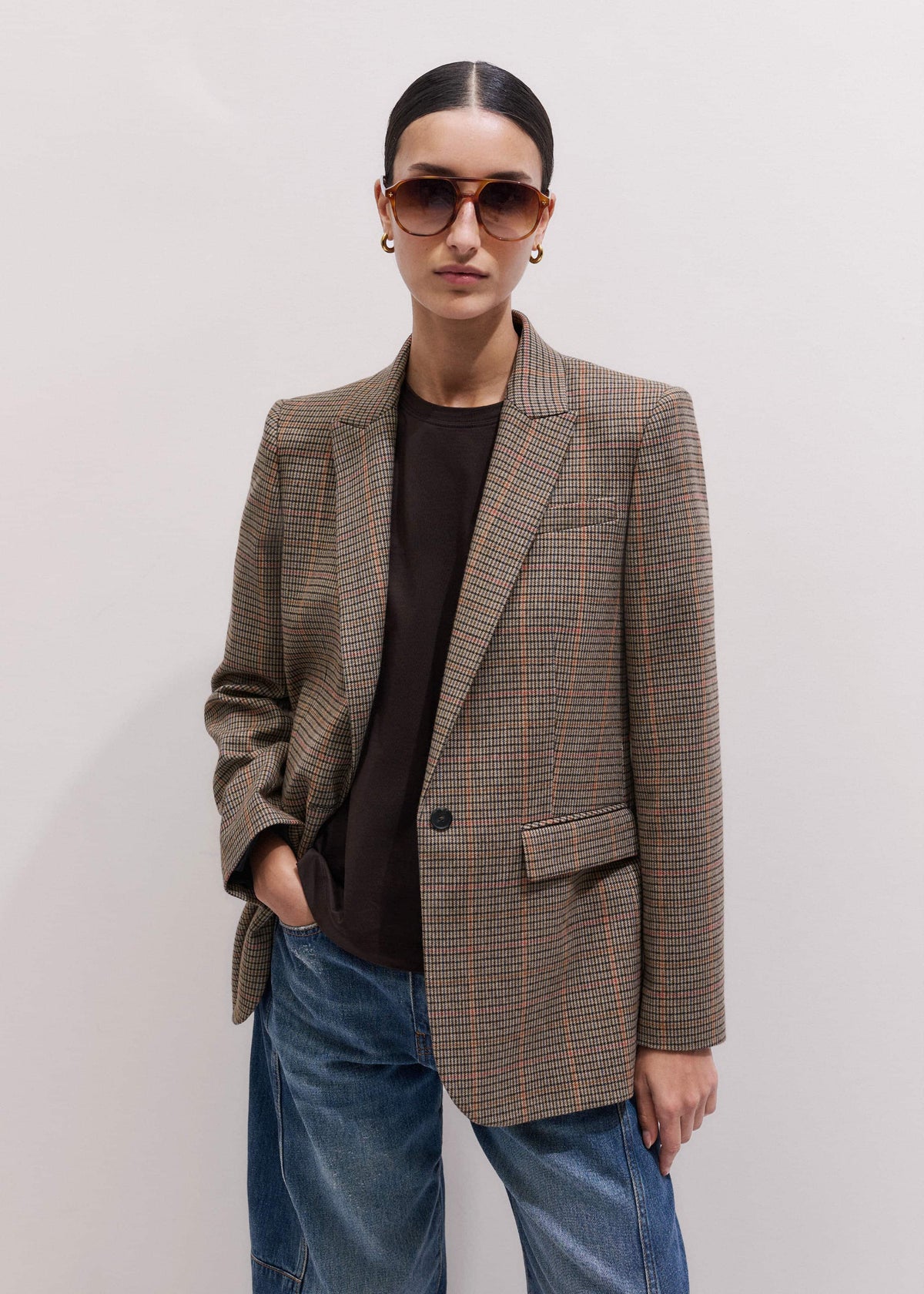 Brown Check Sharp Shoulder Blazer meandem
