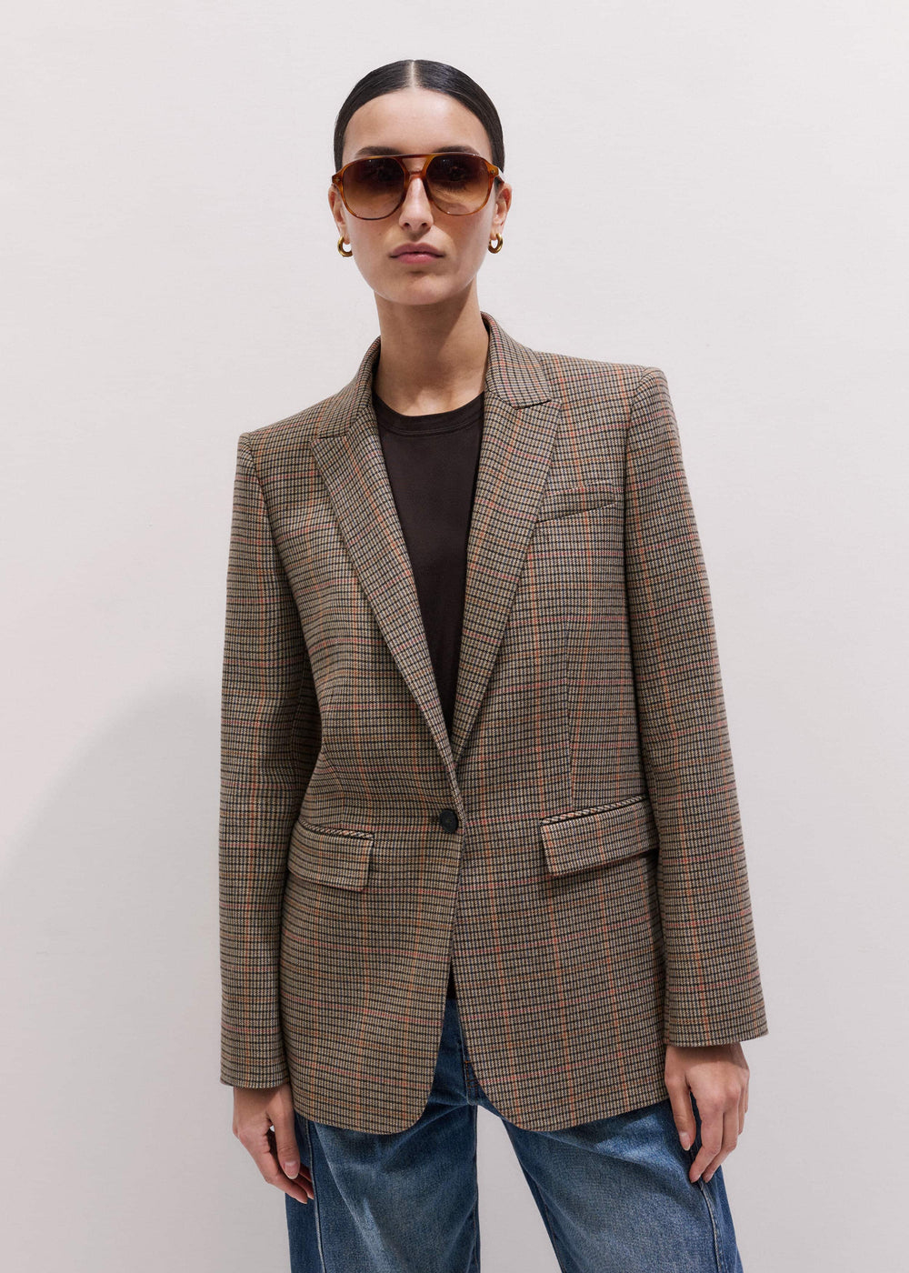 Brown Check Sharp Shoulder Blazer meandem