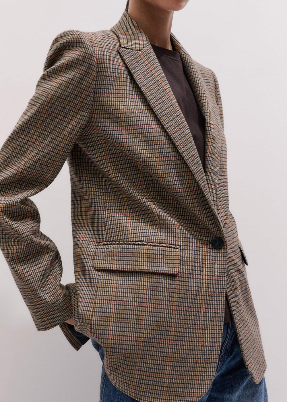 Brown Check Sharp Shoulder Blazer meandem