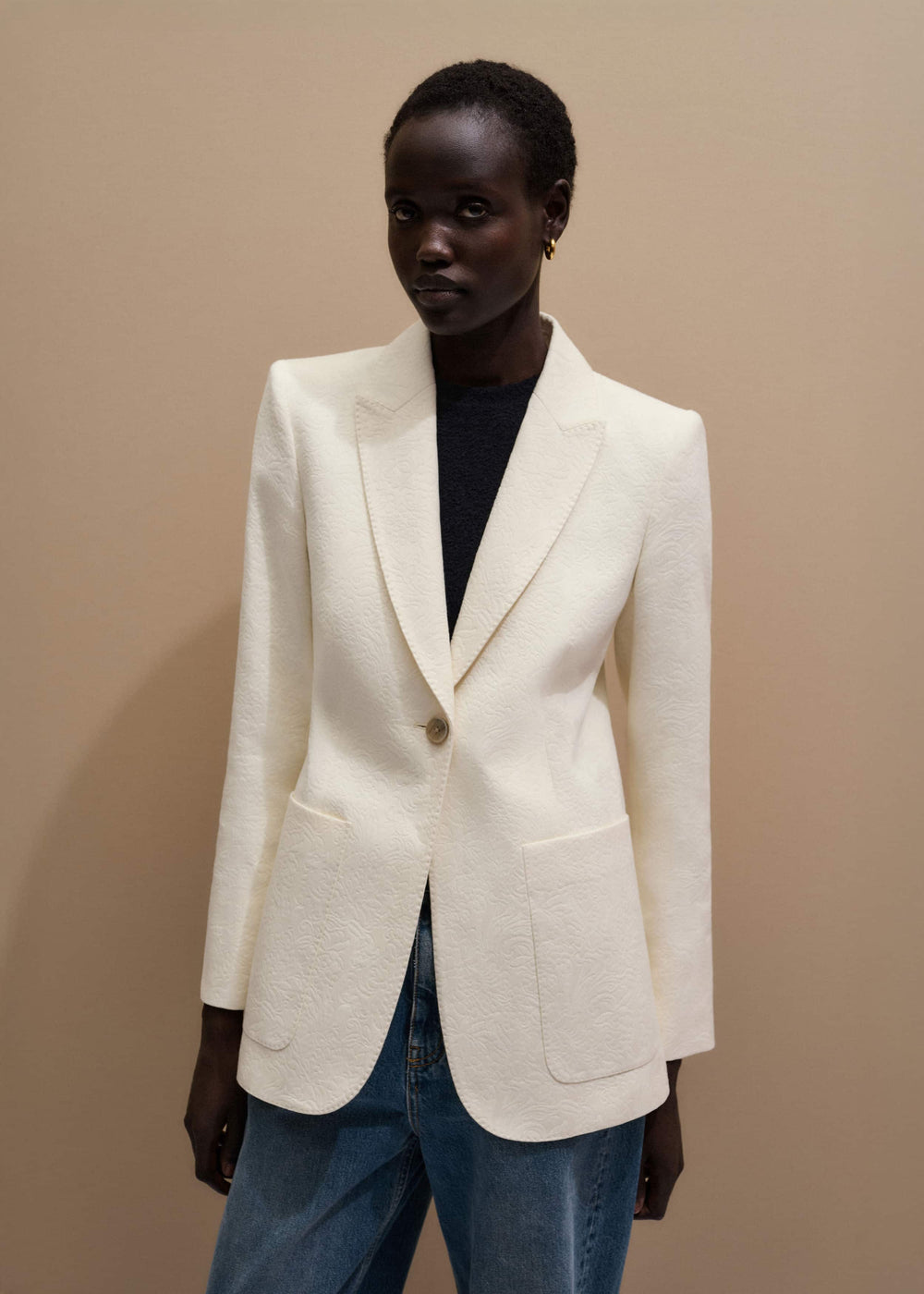 Ivory Luxe Jacquard Sharp Shoulder Blazer meandem