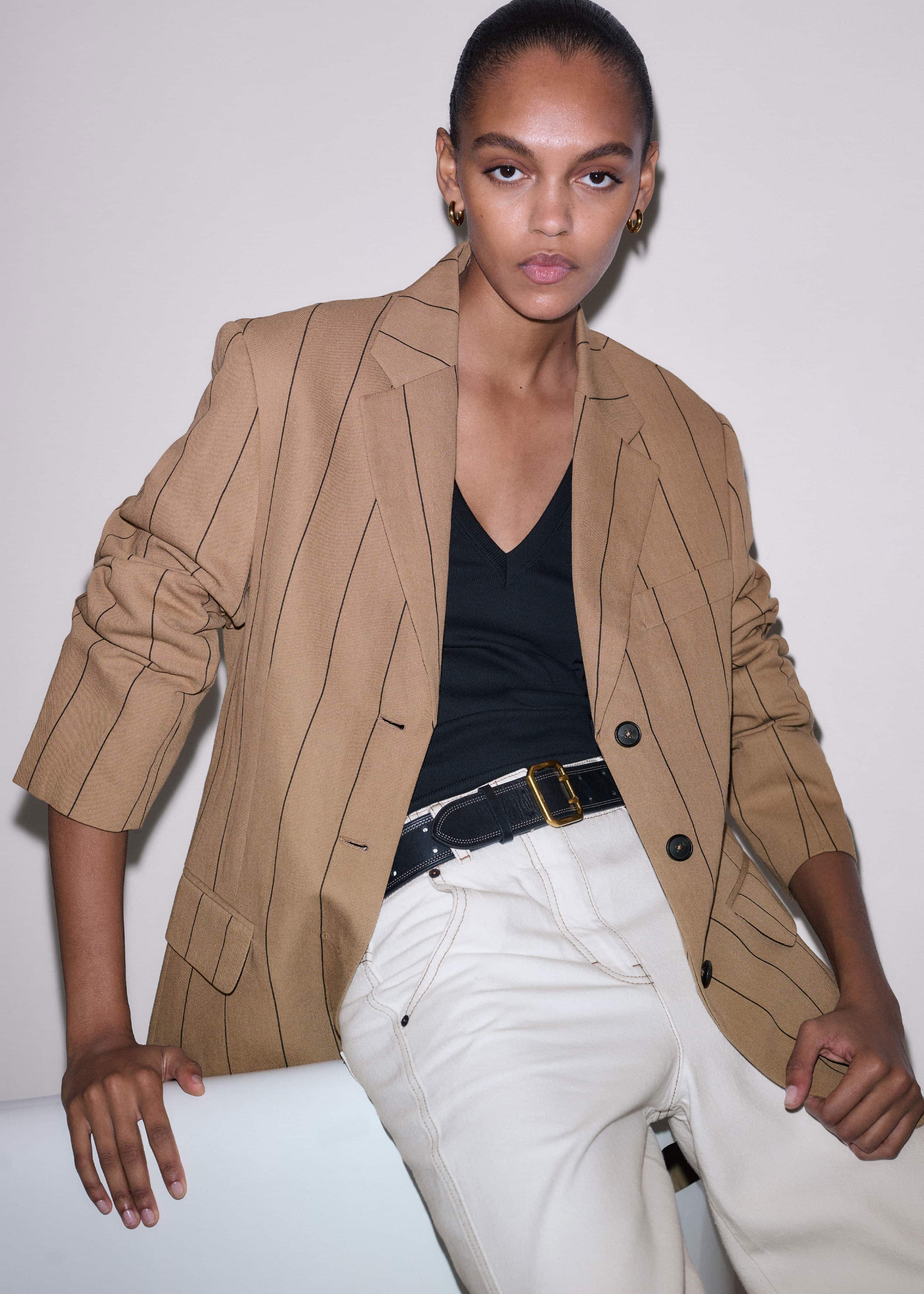Tan Icon Intelligently Oversized Pinstripe Blazer meandem