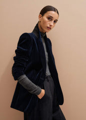 Navy Pinstripe Velvet Sharp Shoulder Blazer meandem