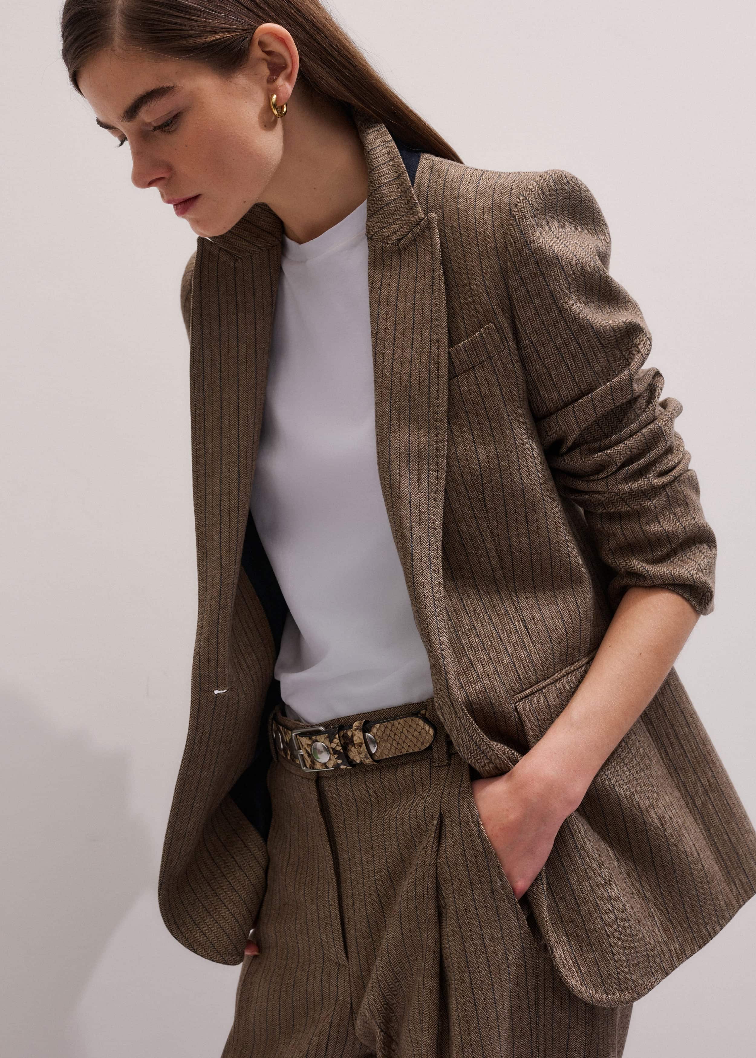 Mocha Brown Pinstripe Sharp Shoulder Blazer meandem