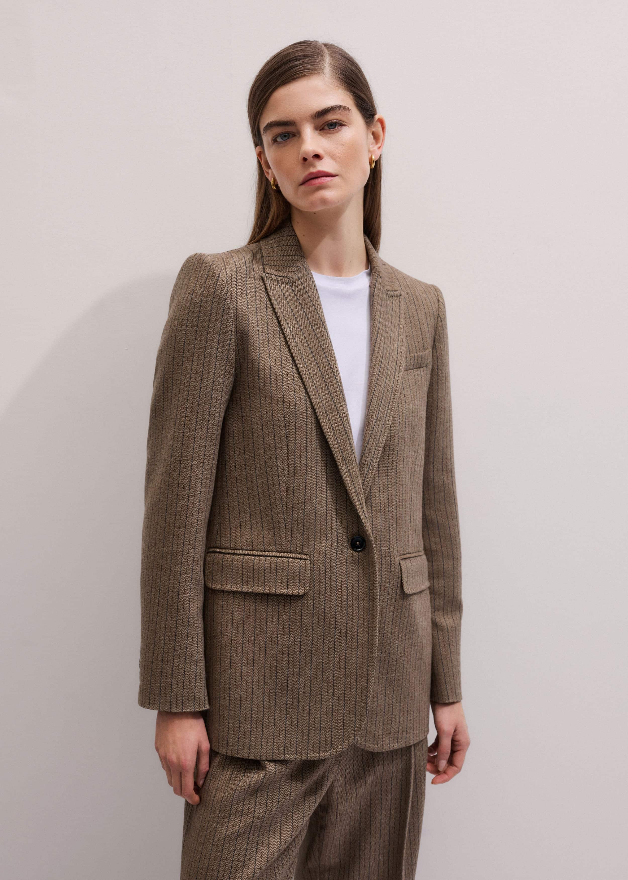 Mocha Brown Pinstripe Sharp Shoulder Blazer meandem
