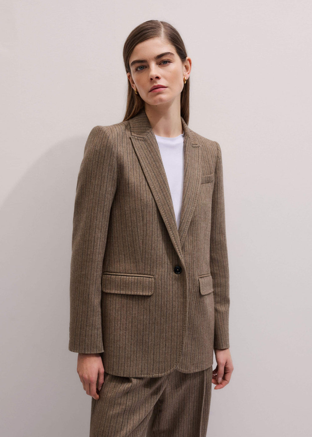 Mocha Brown Pinstripe Sharp Shoulder Blazer meandem