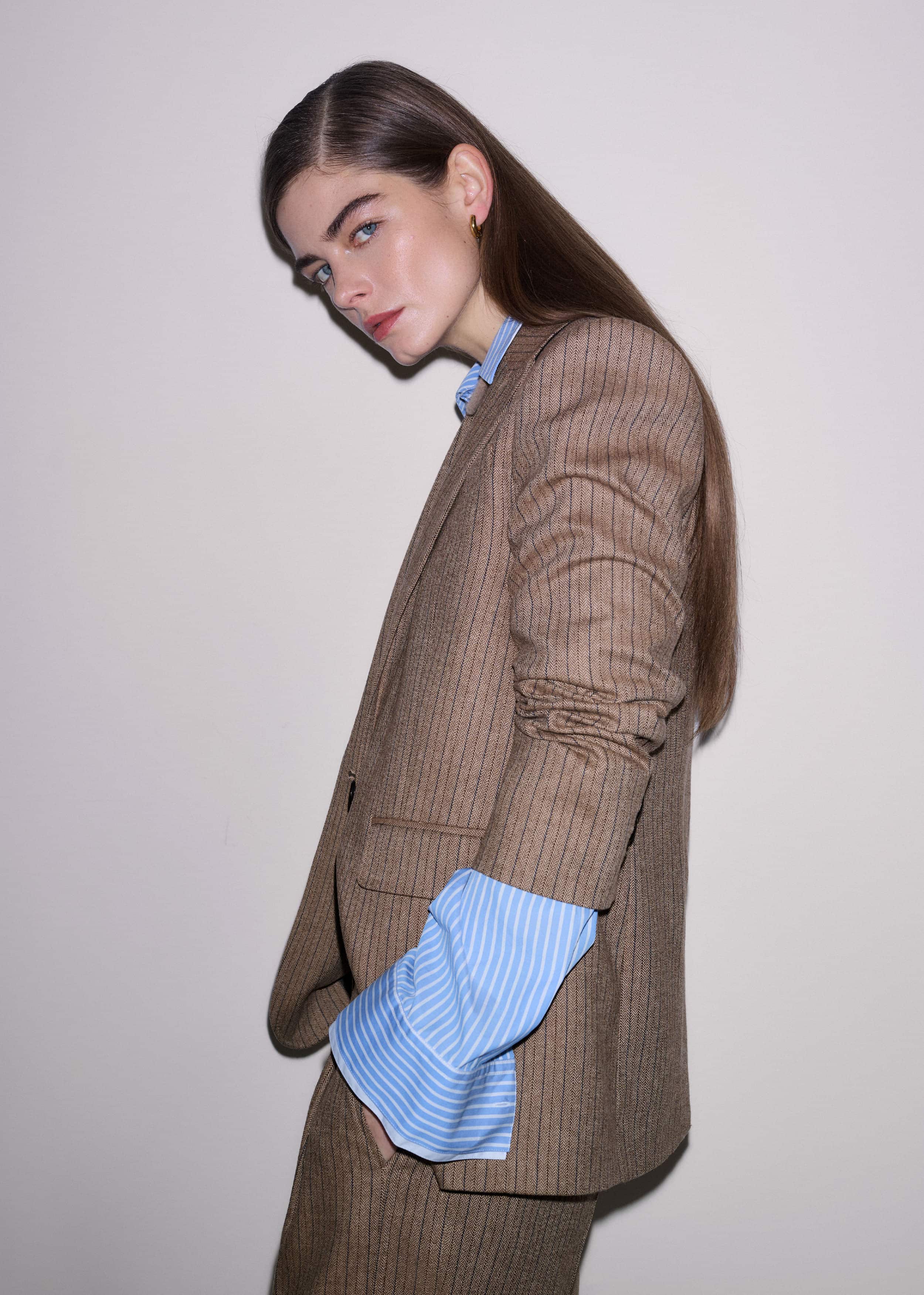 Mocha Brown Pinstripe Sharp Shoulder Blazer meandem